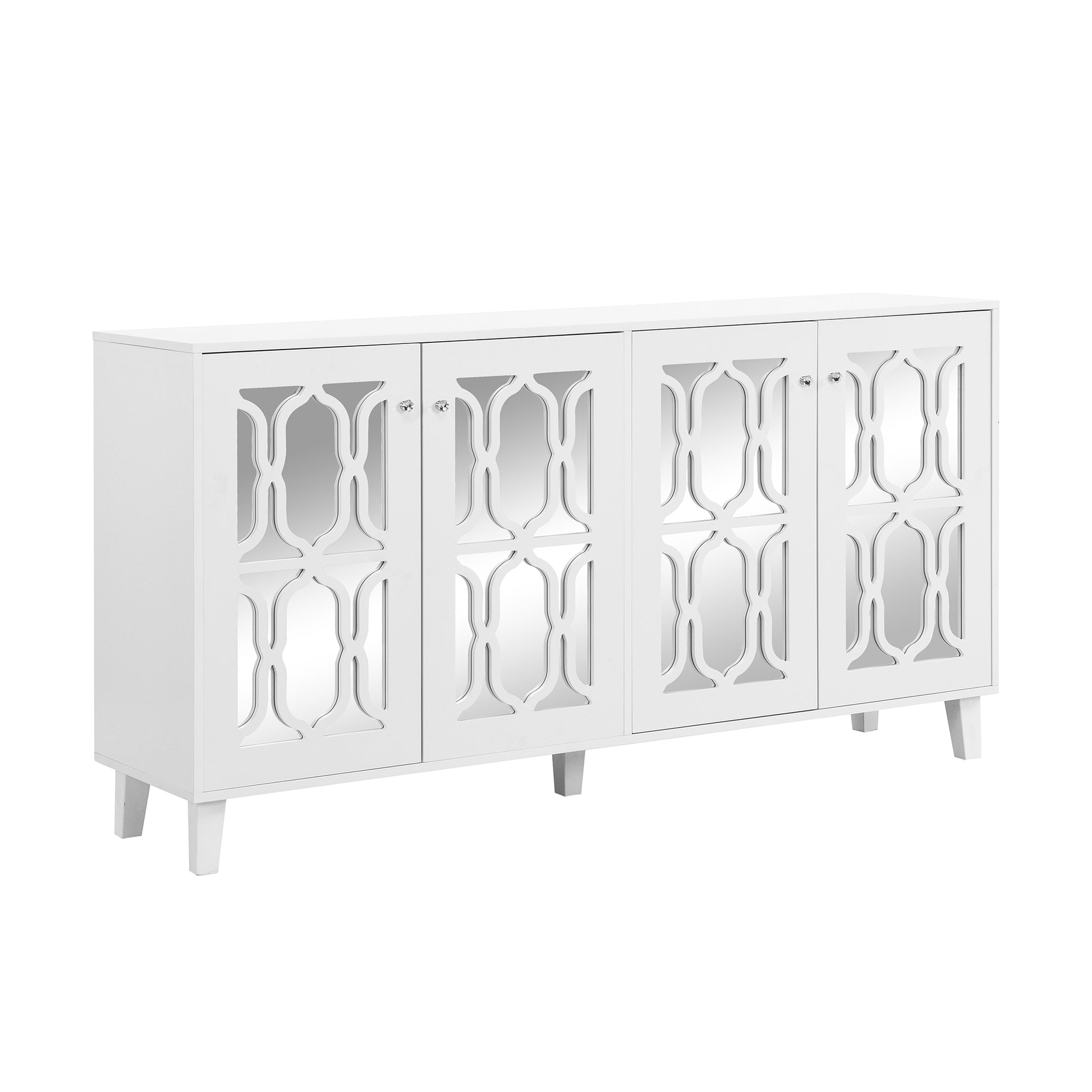 Buffet Cabinet With Adjustable Shelves, 4 Door Mirror Hollow Carved Tv Stand For Tvs Up To 70'', Multi Functional Console Table With Storage Credenza Accent Cabinet For Living Room, White 3 4 Spaces White Primary Living Space Adjustable Shelves Mdf