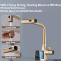 Brushed Gold Waterfall Kitchen Faucet With Temperature Display, Single Handle Kitchen Faucet With Pull Down Sprayer, Modern Kitchen Sink Faucet, Three Water Outlet Modes Brushed Gold Zinc