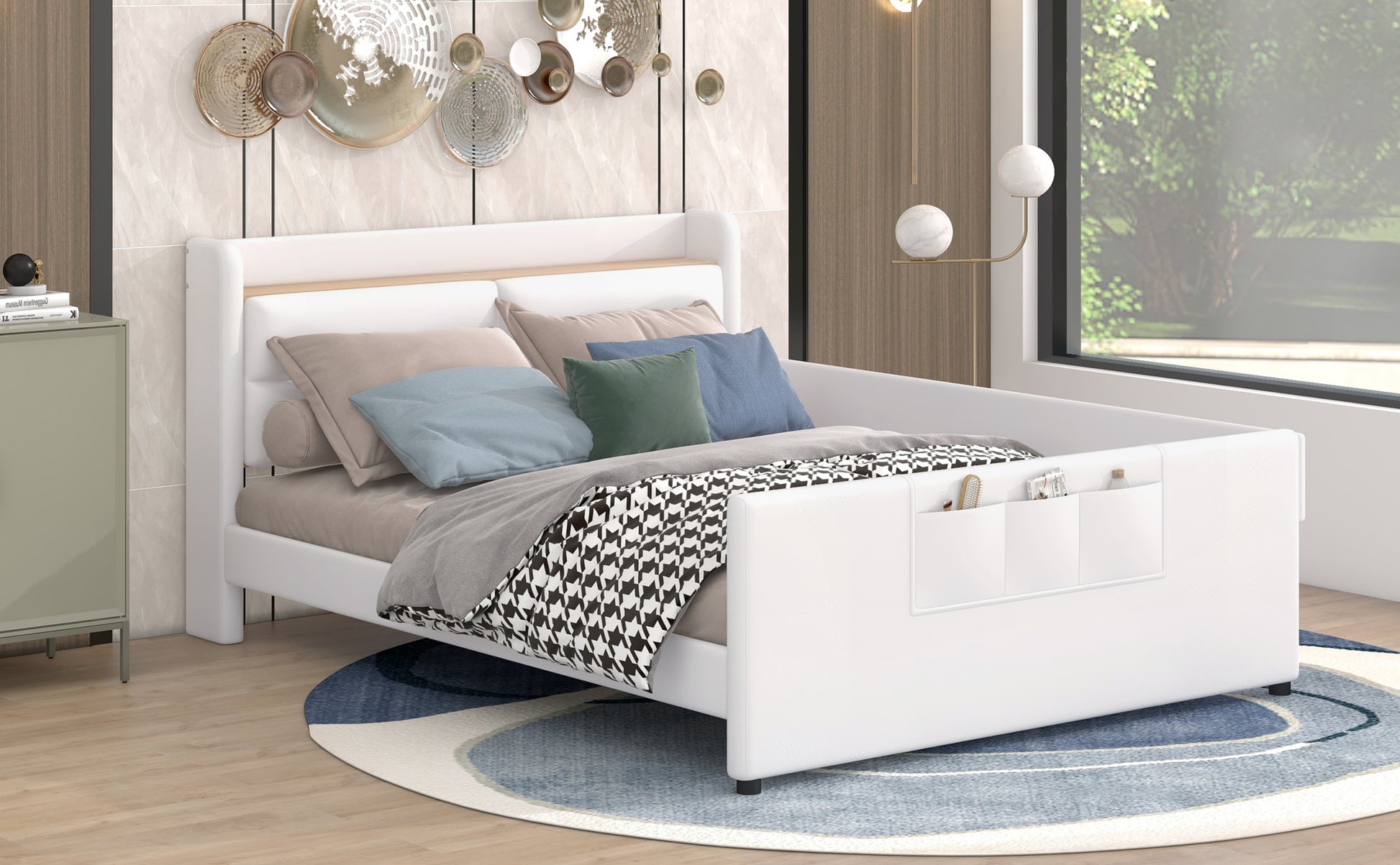 Full Size Upholstered Platform Bed With Guardrail, Storage Headboard And Footboard, Beige Box Spring Not Required Full Beige Wood Faux Leather Upholstered