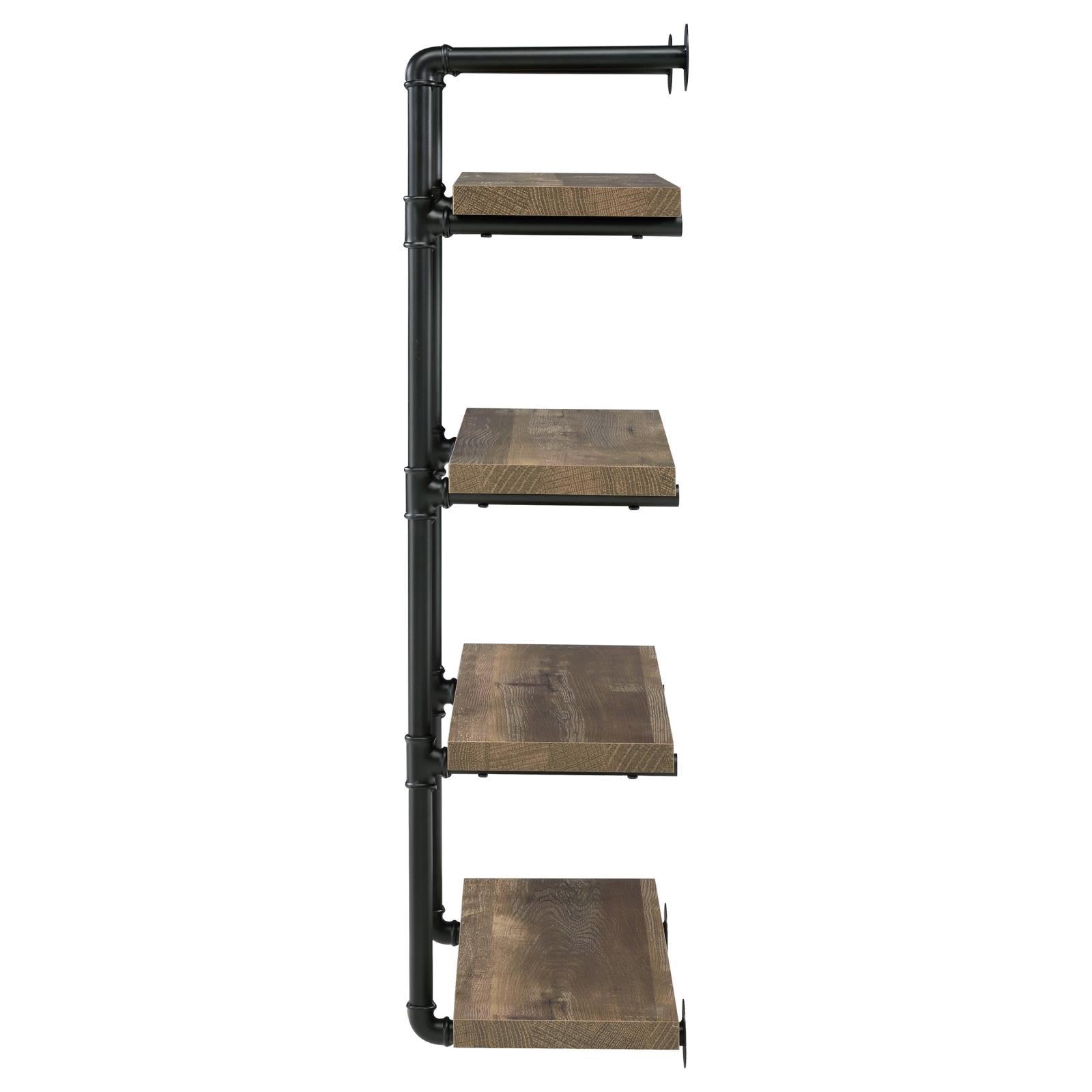 Black And Rustic Oak 4 Tier Wall Shelf 4 Black Brown Brown Vertical Office Open Back Wood Farmhouse,Rustic Wall Mounted Wood Metal