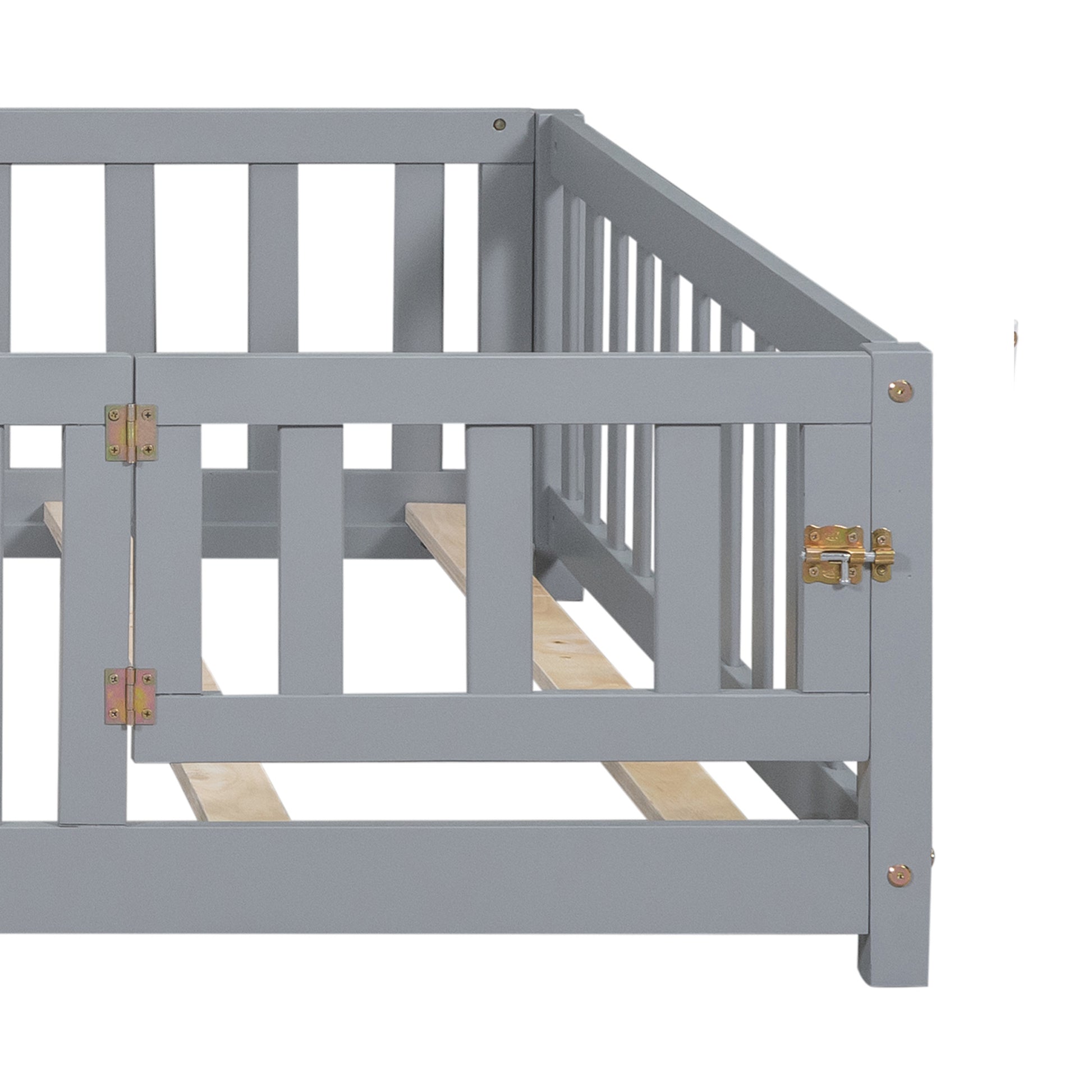 Full Size Floor Platform Bed With Fence And Door For Kids, Montessori Floor Bed Frame With Support Slats For Toddlers, Wooden Floor Bed Grey Grey Plywood