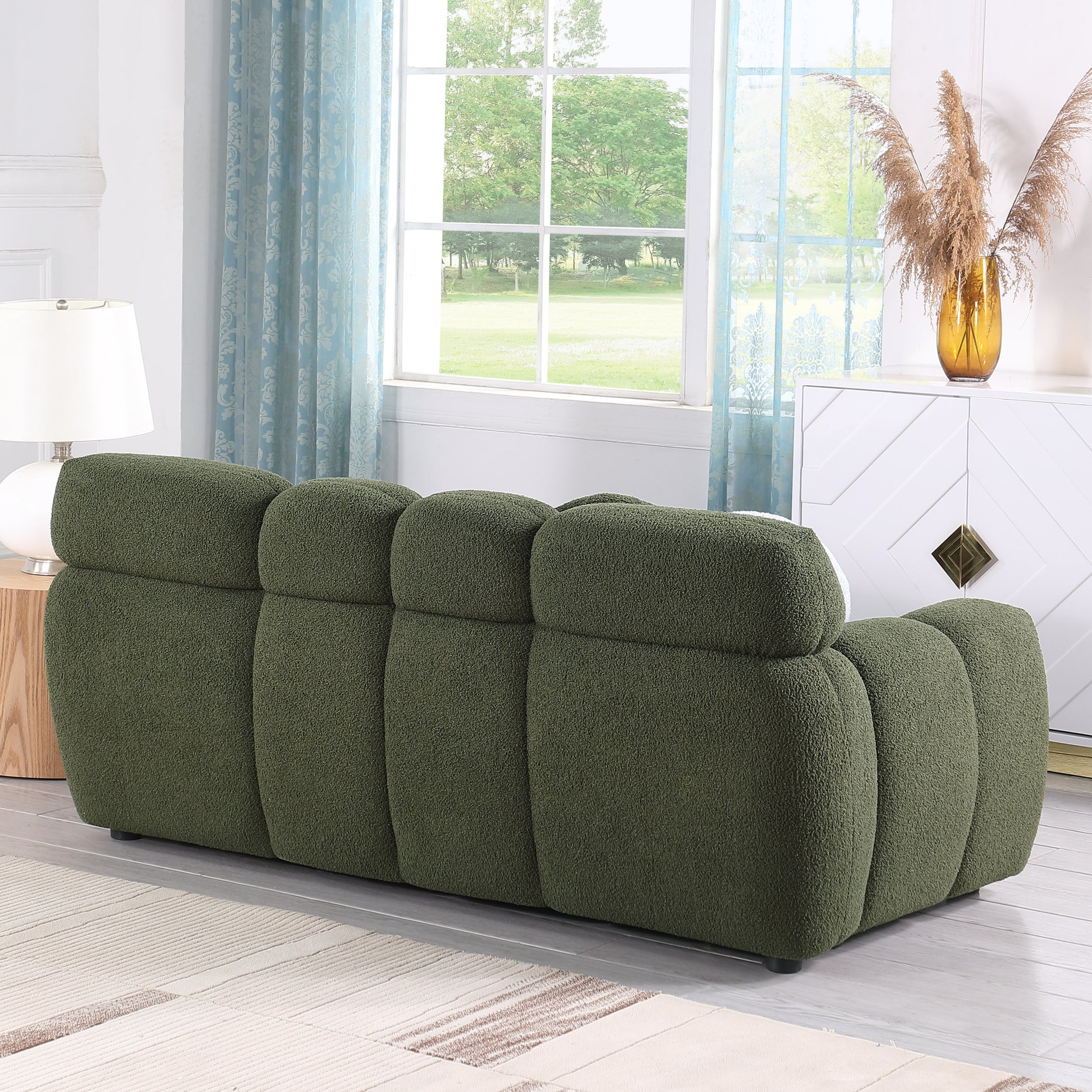 87.4 Length ,35.83" Deepth ,Human Body Structure For Usa People, Marshmallow Sofa,Boucle Sofa ,3 Seater, Olive Green Boucle Olive Green Light Brown Wood Primary Living Space Medium Soft Split Back Eucalyptus Rolled Arms Boucle 3 Seat