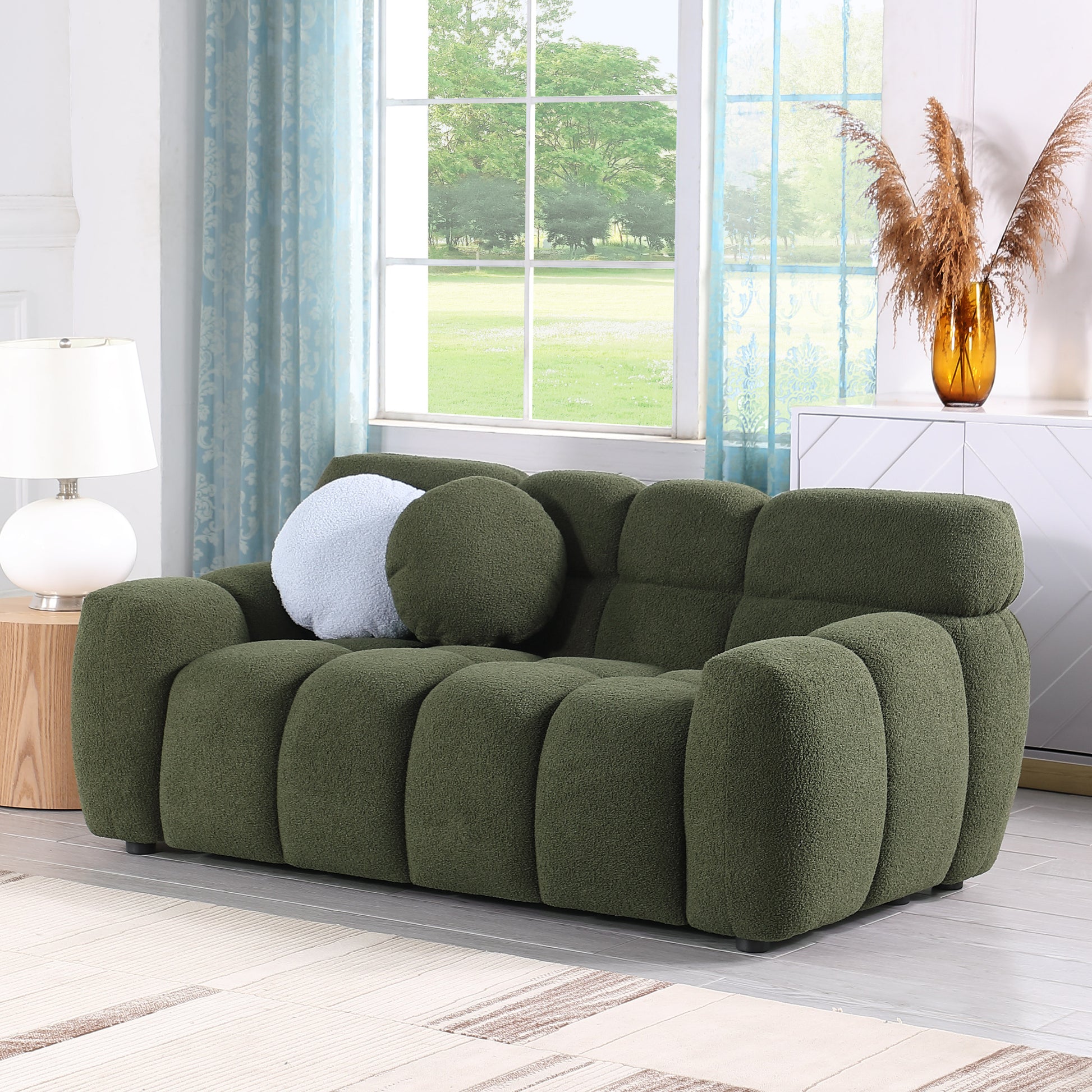 64.96 Length ,35.83" Deepth ,Human Body Structure For Usa People, Marshmallow Sofa,Boucle Sofa ,2 Seater, Olive Green Boucle Olive Green Light Brown Wood Primary Living Space Medium Soft Split Back Eucalyptus Rolled Arms Boucle 3 Seat