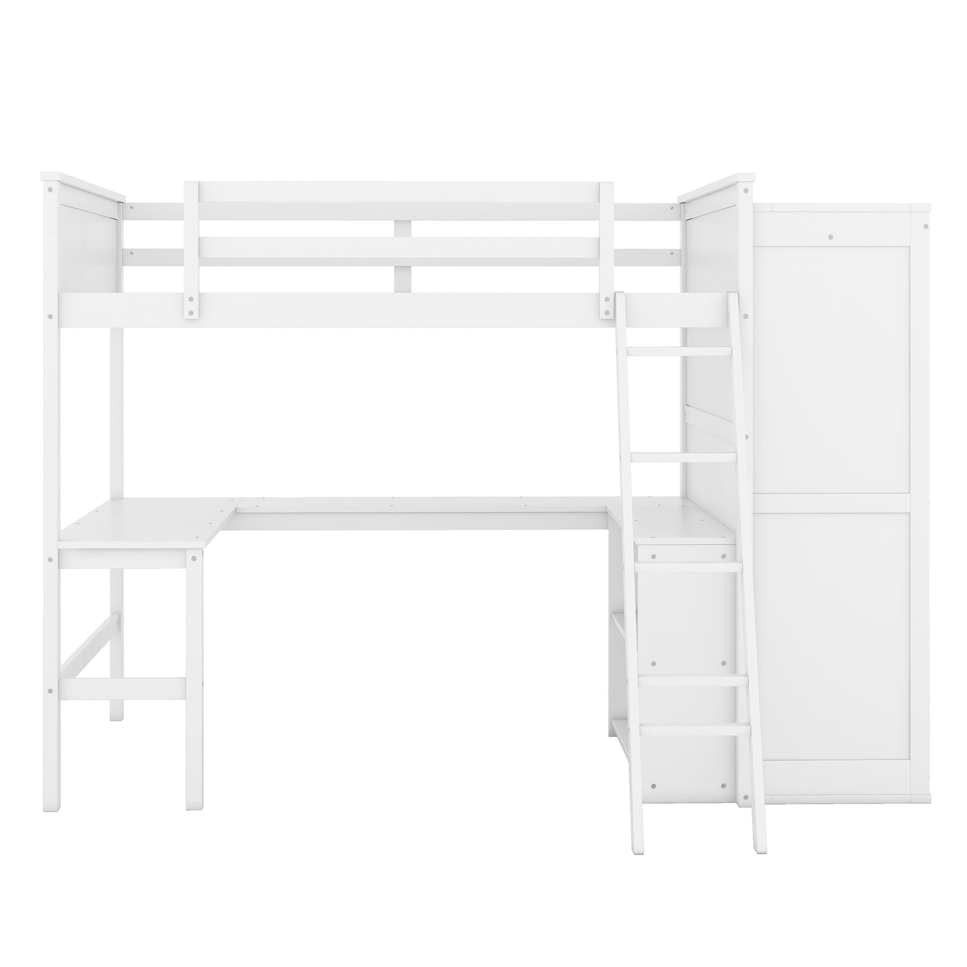 Full Size Loft Bed With Desk, Shelves And Wardrobe White White Solid Wood