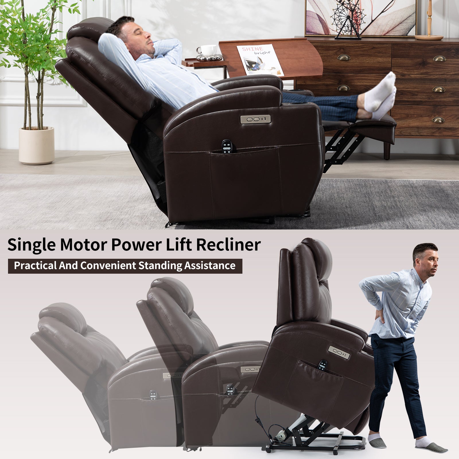 Up To 350Lbs Okin Motor Power Lift Recliner Chair For Elderly, Heavy Duty Motion Mechanism With 8 Point Vibration Massage And Lumbar Heating, Two Cup Holders And Usb Charge Port, Brown White Metal Primary Living Space Heavy Duty Pine Brown Faux Leather