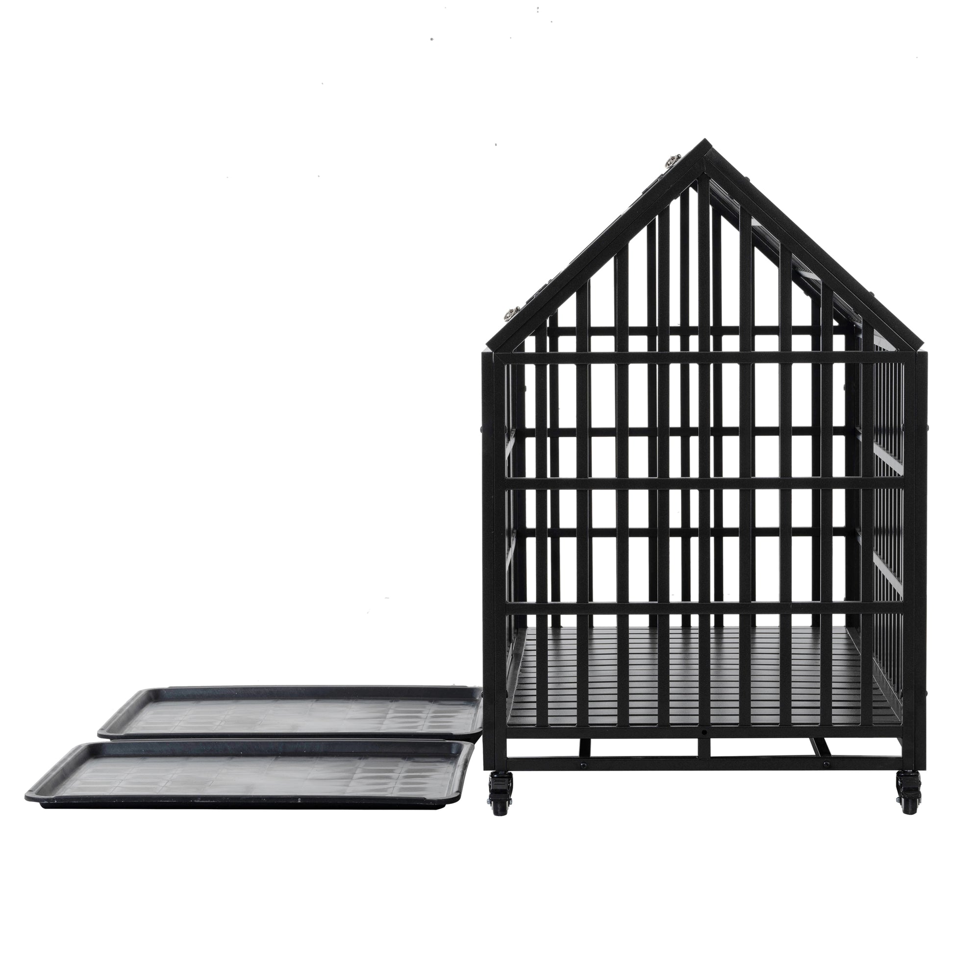 52" Heavy Duty Dog Crate Large Dog Cage Strong Metal Dog Kennels And Crates For Large Dogs With 4 Lockable Wheels Black Carbon Steel