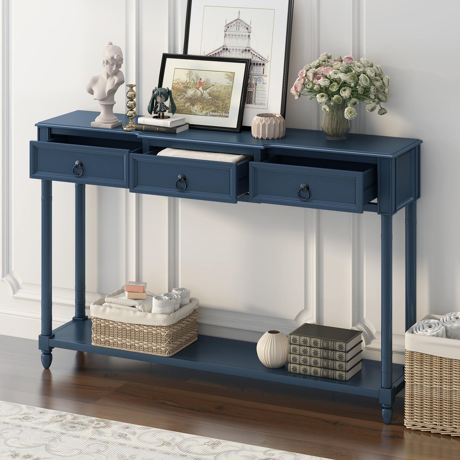 Console Table Sofa Table With Drawers For Entryway With Projecting Drawers And Long Shelf Antique Navy, Old Sku: Wf189574Aam Antique Navy Solid Wood Mdf