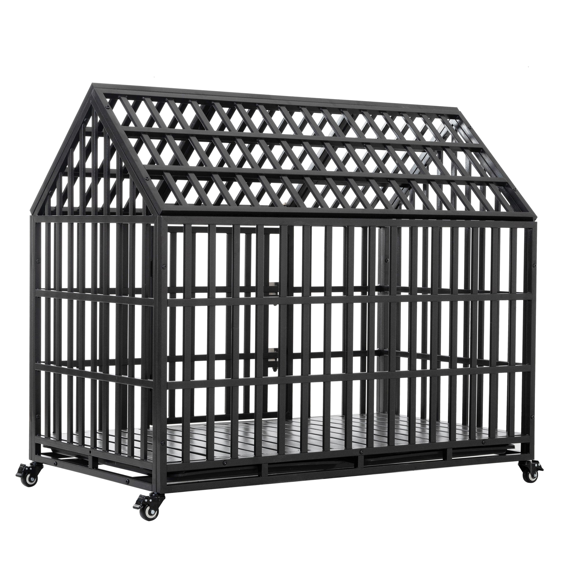 52" Heavy Duty Dog Crate Large Dog Cage Strong Metal Dog Kennels And Crates For Large Dogs With 4 Lockable Wheels Black Carbon Steel