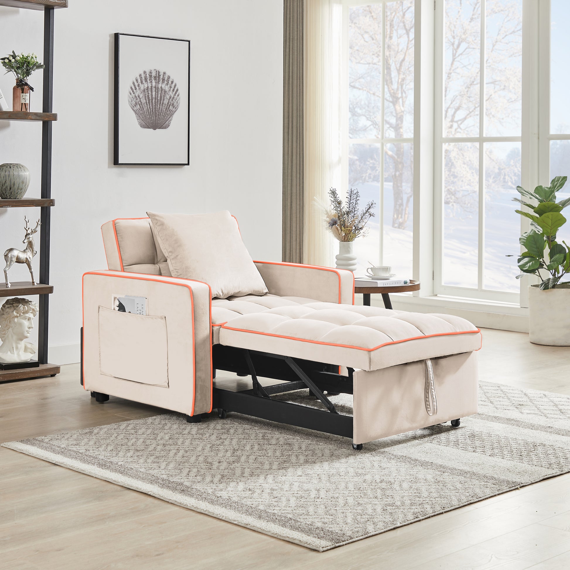 Three In One Sofa Bed Chair Folding Sofa Bed Adjustable Back Into A Sofa Recliner Single Bed Adult Modern Chair Bed Berth Creamy White White Wood Primary Living Space Medium Duty Eucalyptus 1 Seat Creamy White Velvet Medium Soft Tufted Back Modern Pillow