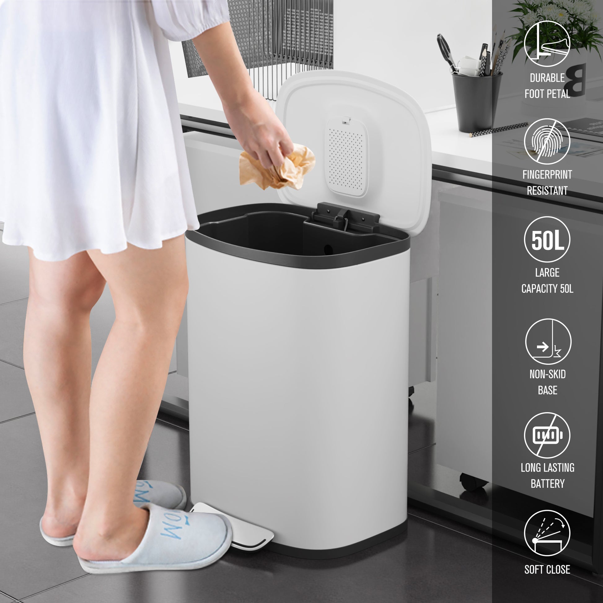 Curved Surface 13 Gallon 50L Kitchen Foot Pedal Operated Soft Close Trash Can Stainless Steel Rectangular Bustbin With 30 Garbage Bags White White Steel