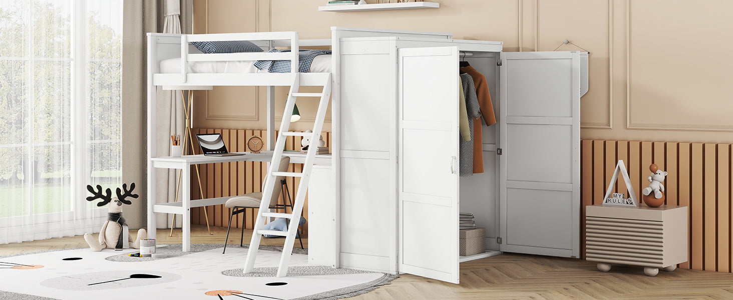 Full Size Loft Bed With Desk, Shelves And Wardrobe White White Solid Wood