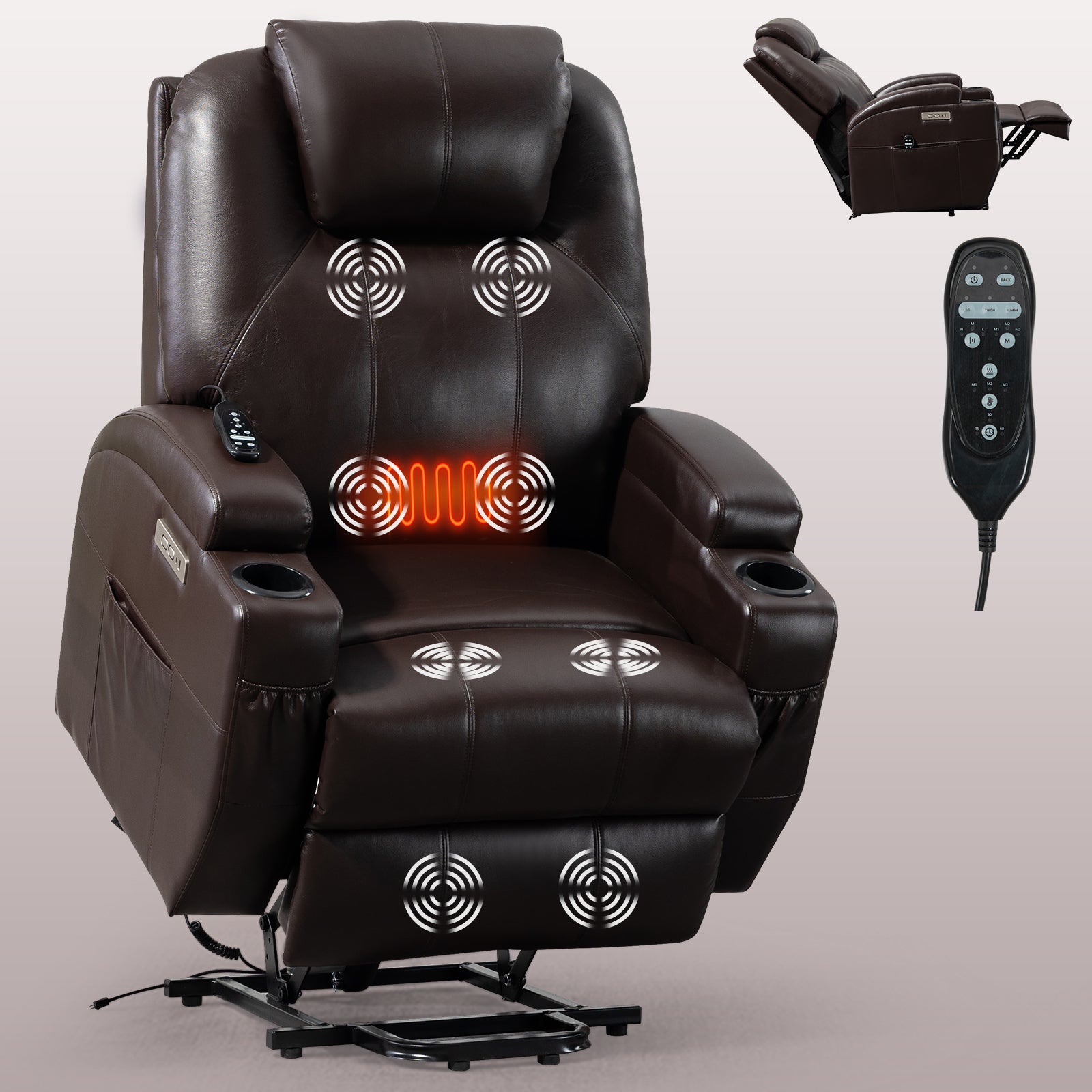 Up To 350Lbs Okin Motor Power Lift Recliner Chair For Elderly, Heavy Duty Motion Mechanism With 8 Point Vibration Massage And Lumbar Heating, Two Cup Holders And Usb Charge Port, Brown White Metal Primary Living Space Heavy Duty Pine Brown Faux Leather