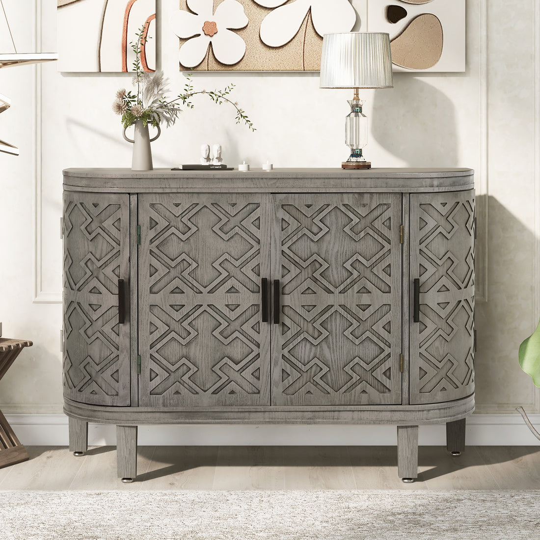 Accent Storage Cabinet Sideboard Wooden Cabinet With Antique Pattern Doors For Hallway, Entryway, Living Room Antique Gray Mdf