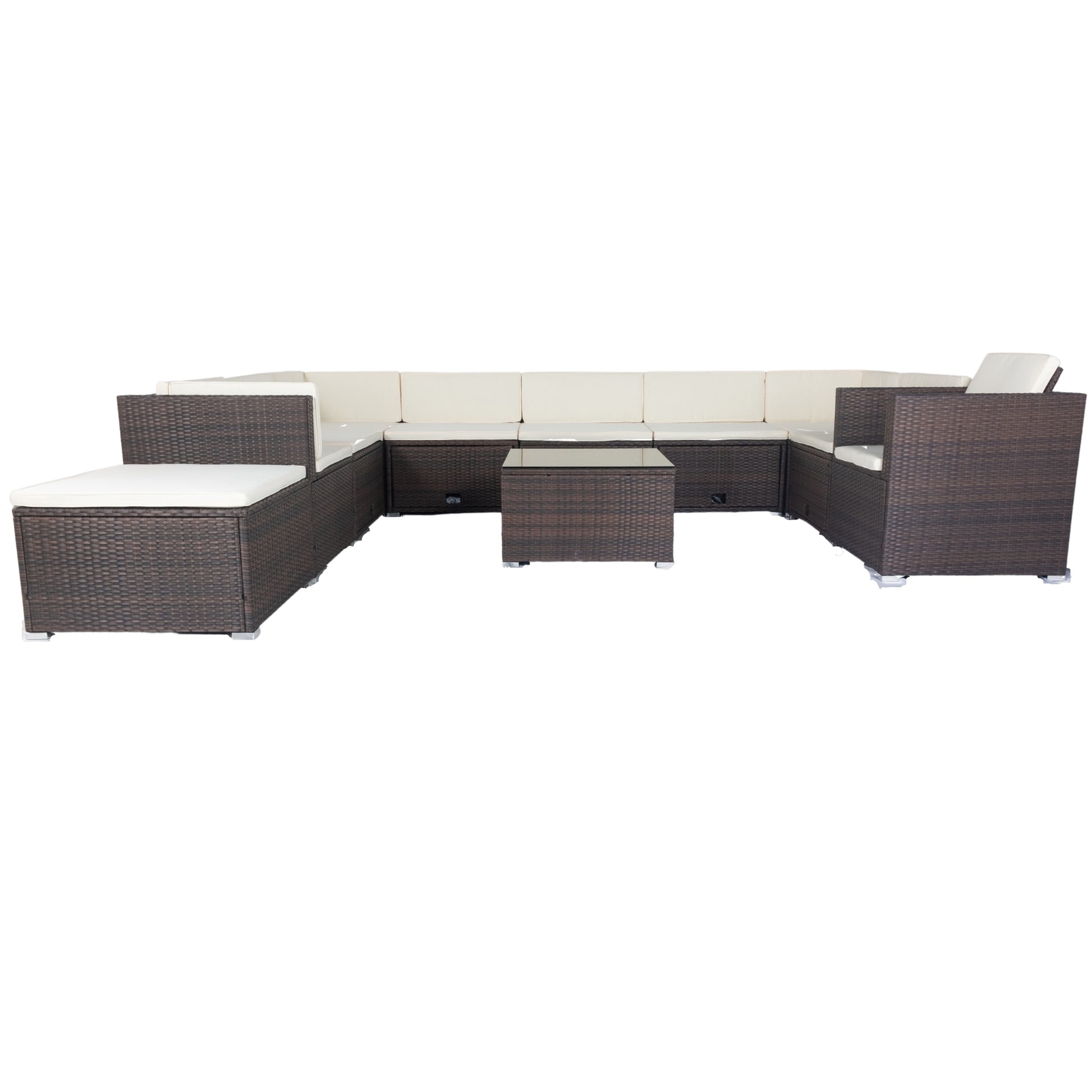 11 Piece Patio Wicker Conversation Set, 10 Seater Patio Sectional Set With 3 Storage Box Under Seat Brown Wicker White Cushion Yes Complete Patio Set Brown Rust Resistant Frame Mildew Resistant Cushion Garden & Outdoor Modern Complete Patio Sets Fiber