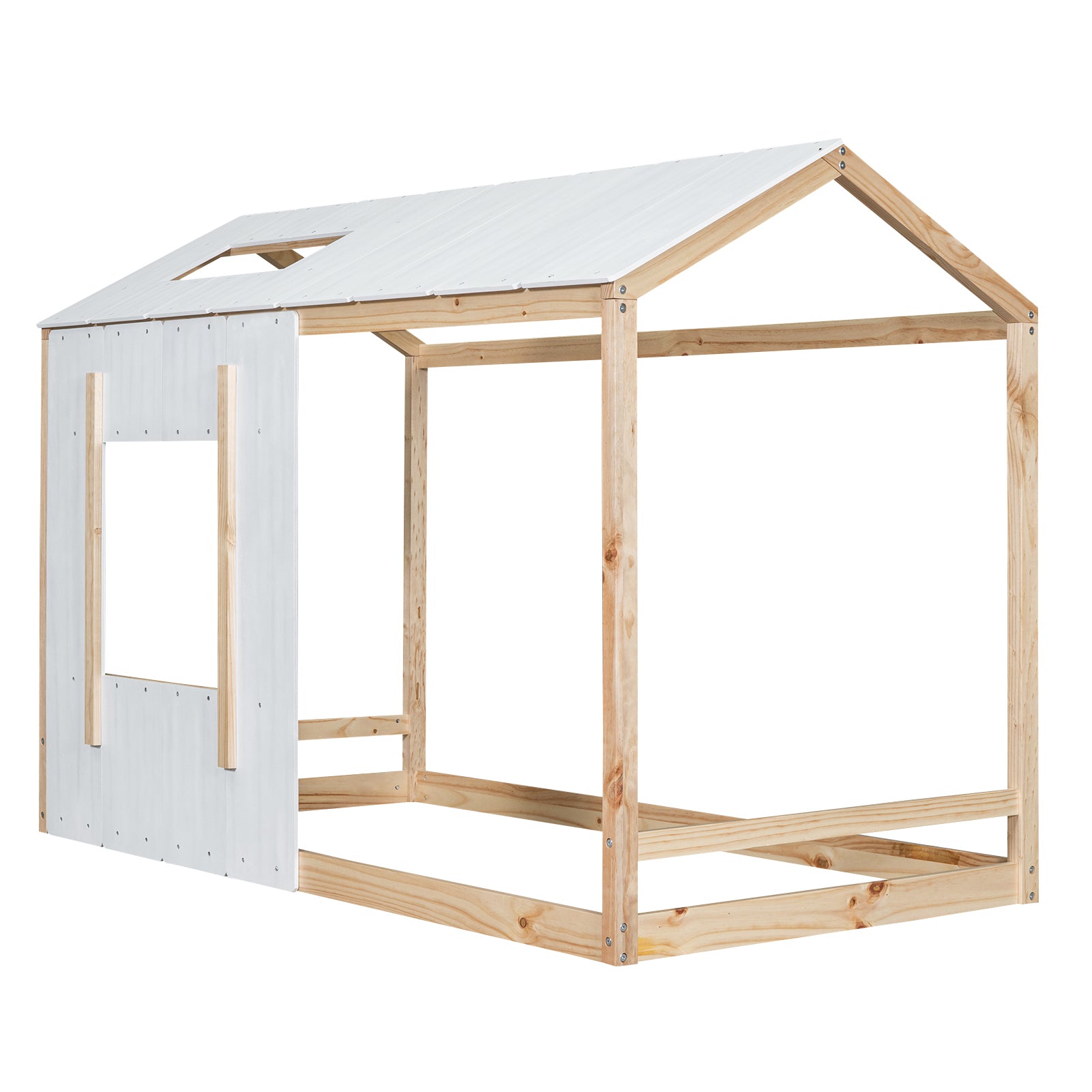 Twin Size House Platform With Roof And Windowwhite Natural Box Spring Not Required Twin Natural White Wood Bedroom Pine