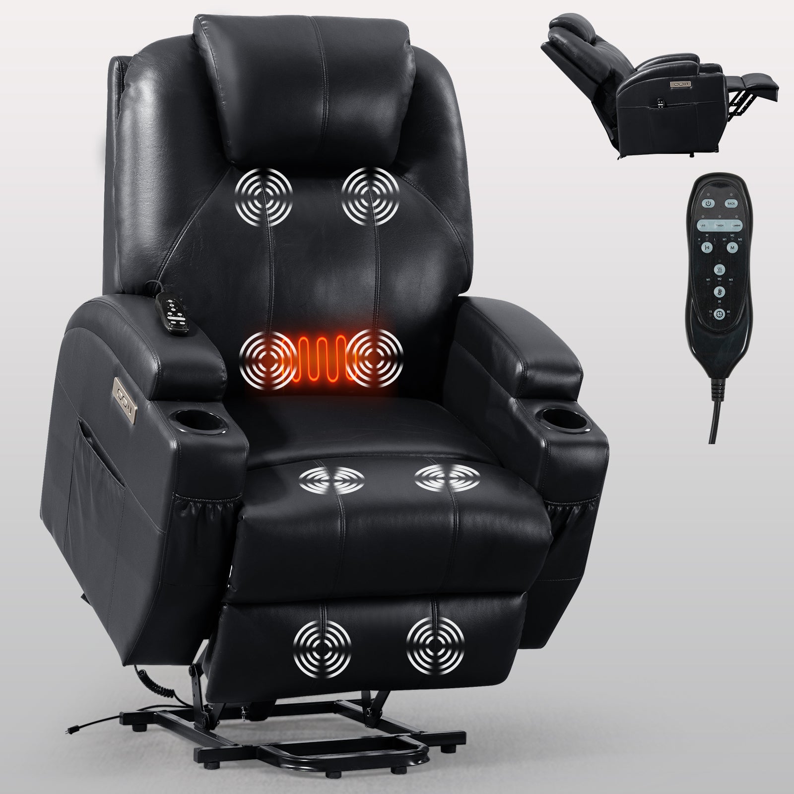 Up To 350Lbs Okin Motor Power Lift Recliner Chair For Elderly, Heavy Duty Motion Mechanism With 8 Point Vibration Massage And Lumbar Heating, Two Cup Holders And Usb Charge Port, Black White Metal Primary Living Space Heavy Duty Pine Black Faux Leather