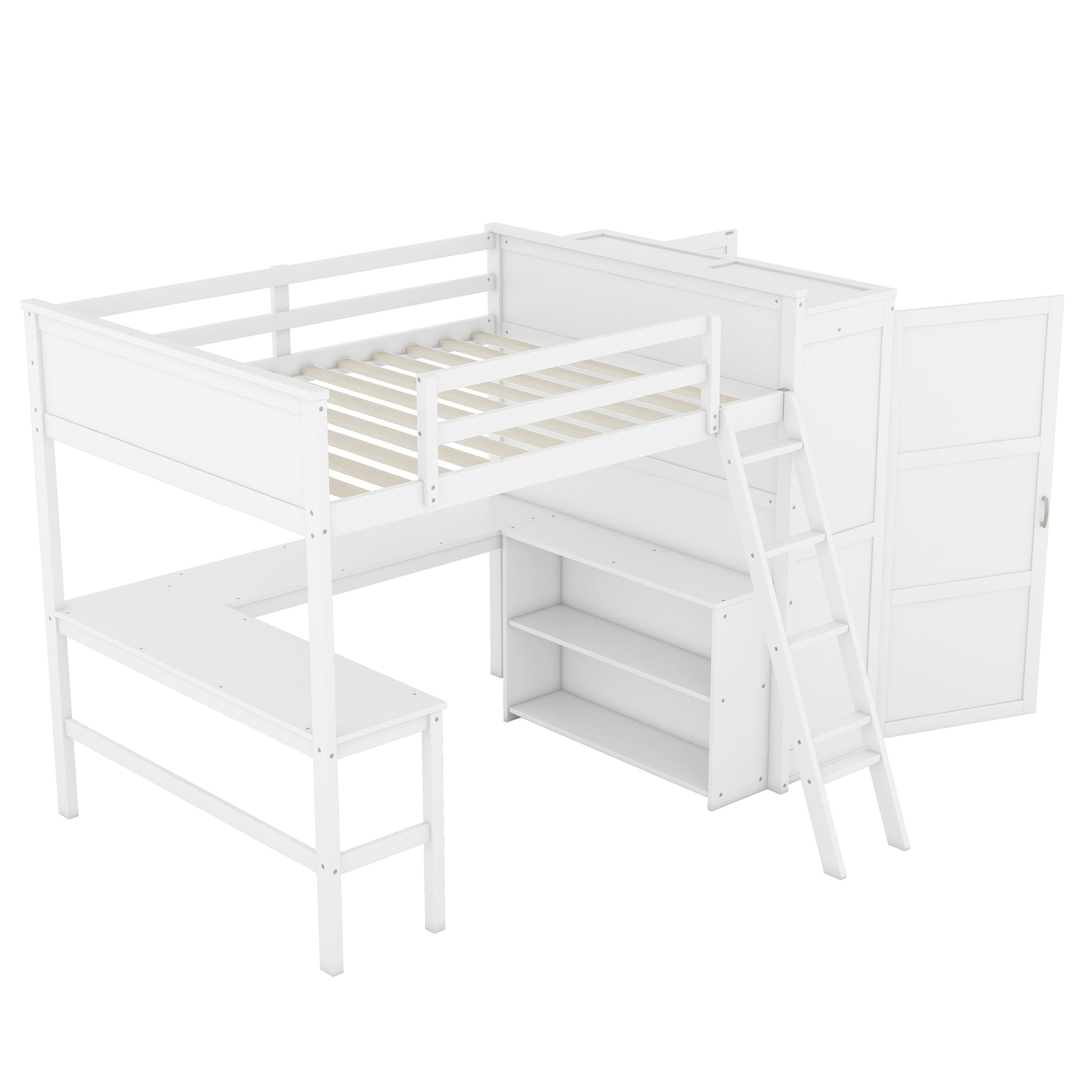 Full Size Loft Bed With Desk, Shelves And Wardrobe White White Solid Wood