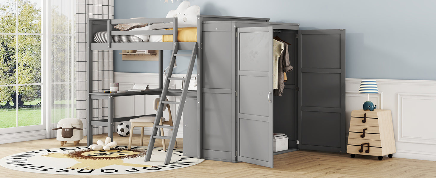 Full Size Loft Bed With Desk, Shelves And Wardrobe Gray Gray Solid Wood