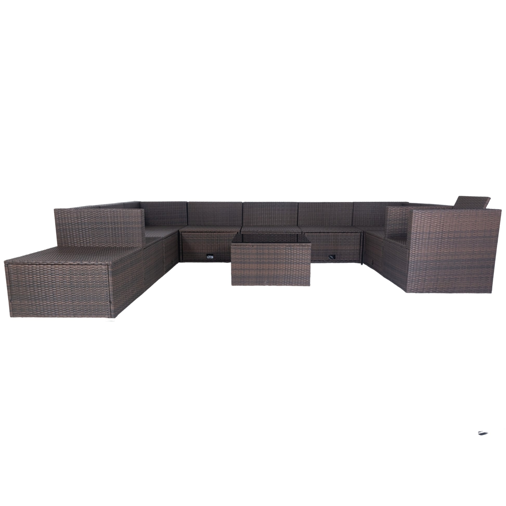 11 Piece Patio Wicker Conversation Set, 10 Seater Patio Sectional Set With 3 Storage Box Under Seat Brown Wicker White Cushion Yes Complete Patio Set Brown Rust Resistant Frame Mildew Resistant Cushion Garden & Outdoor Modern Complete Patio Sets Fiber
