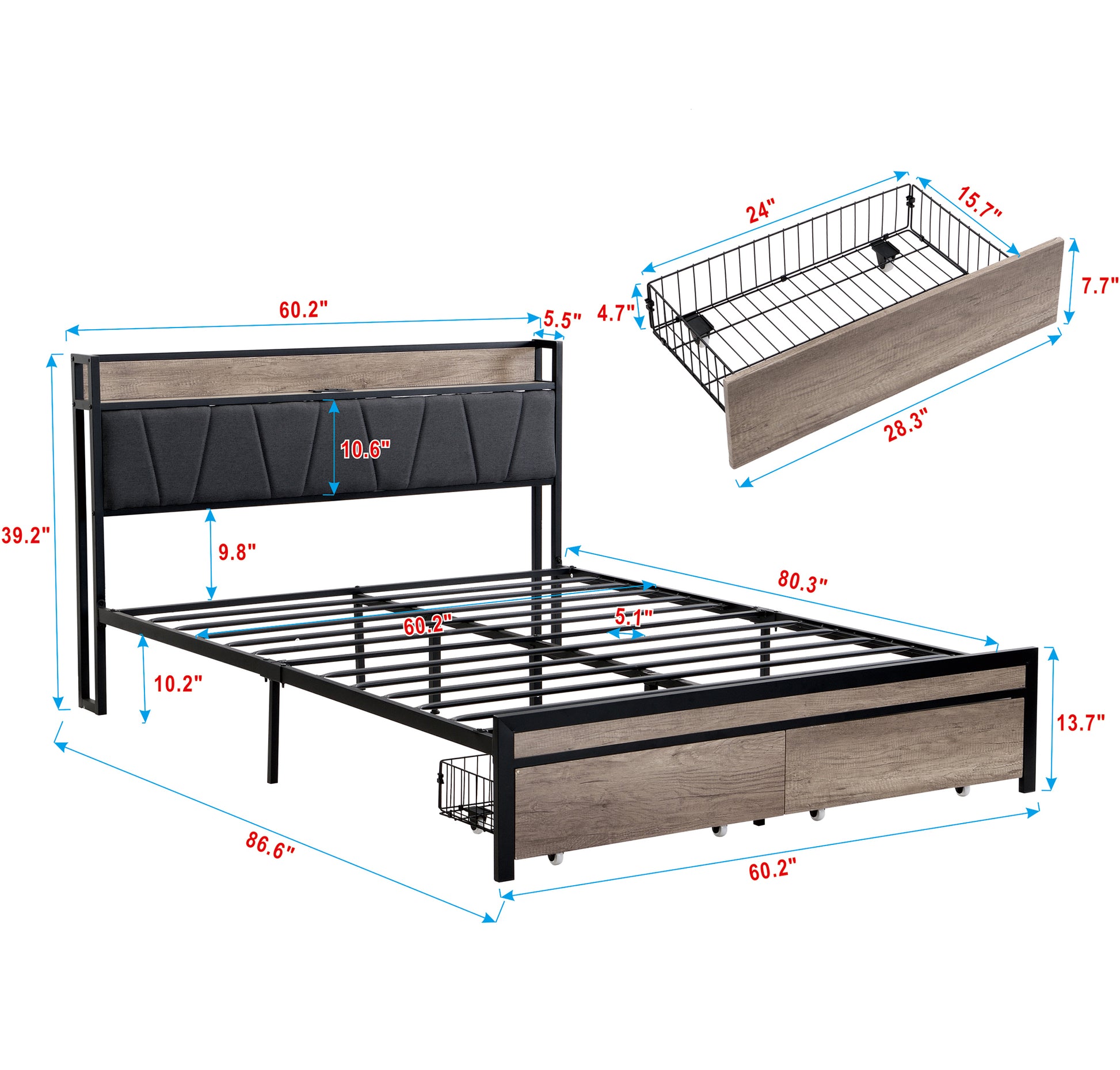 Queen Size Metal Platform Bed Frame With Upholstery Storage Function Headboardand Usb Liner And Footboard With Drawersno Box Spring Needed, Large Under Bed Storage, Easy Assemble Black Gray Mdf Metal