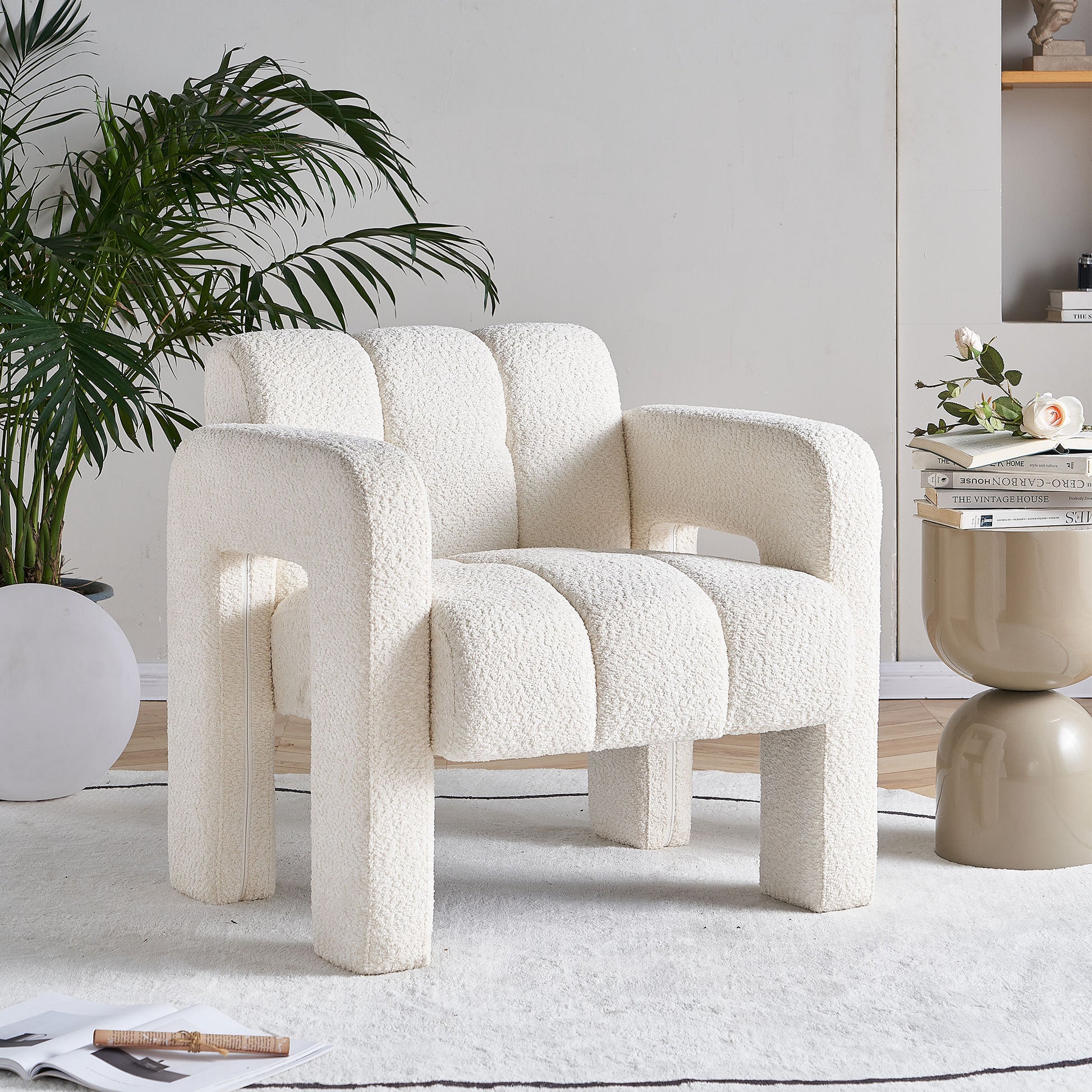 31.10" Wide Boucle Upholstered Accent Chair Beige Primary Living Space Modern Fiber Foam And Polyester Fiber Pad Boucle