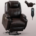 Up To 350Lbs Okin Motor Power Lift Recliner Chair For Elderly, Heavy Duty Motion Mechanism With 8 Point Vibration Massage And Lumbar Heating, Two Cup Holders And Usb Charge Port, Brown White Metal Primary Living Space Heavy Duty Pine Brown Faux Leather