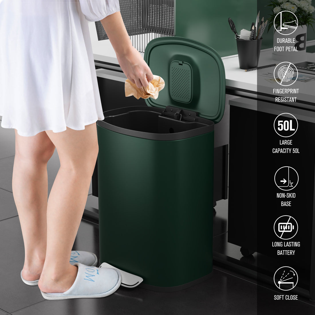 Curved Surface 13 Gallon 50L Kitchen Foot Pedal Operated Soft Close Trash Can Stainless Steel Rectangular Bustbin With 30 Garbage Bags Green Green Steel