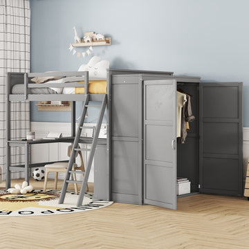 Full Size Loft Bed With Desk, Shelves And Wardrobe Gray Gray Solid Wood