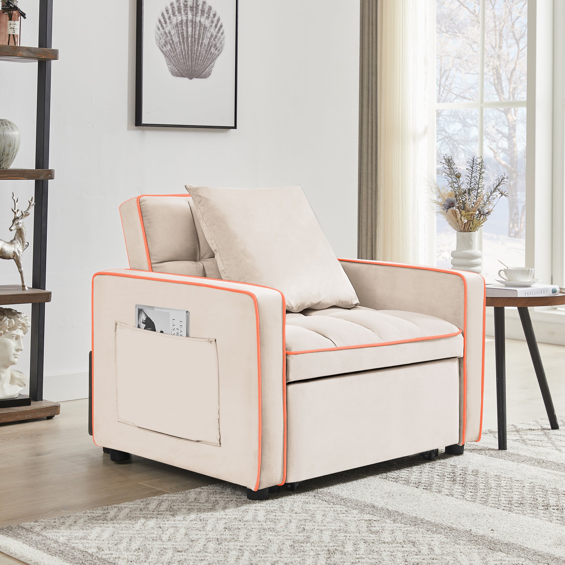 Three In One Sofa Bed Chair Folding Sofa Bed Adjustable Back Into A Sofa Recliner Single Bed Adult Modern Chair Bed Berth Creamy White White Wood Primary Living Space Medium Duty Eucalyptus 1 Seat Creamy White Velvet Medium Soft Tufted Back Modern Pillow
