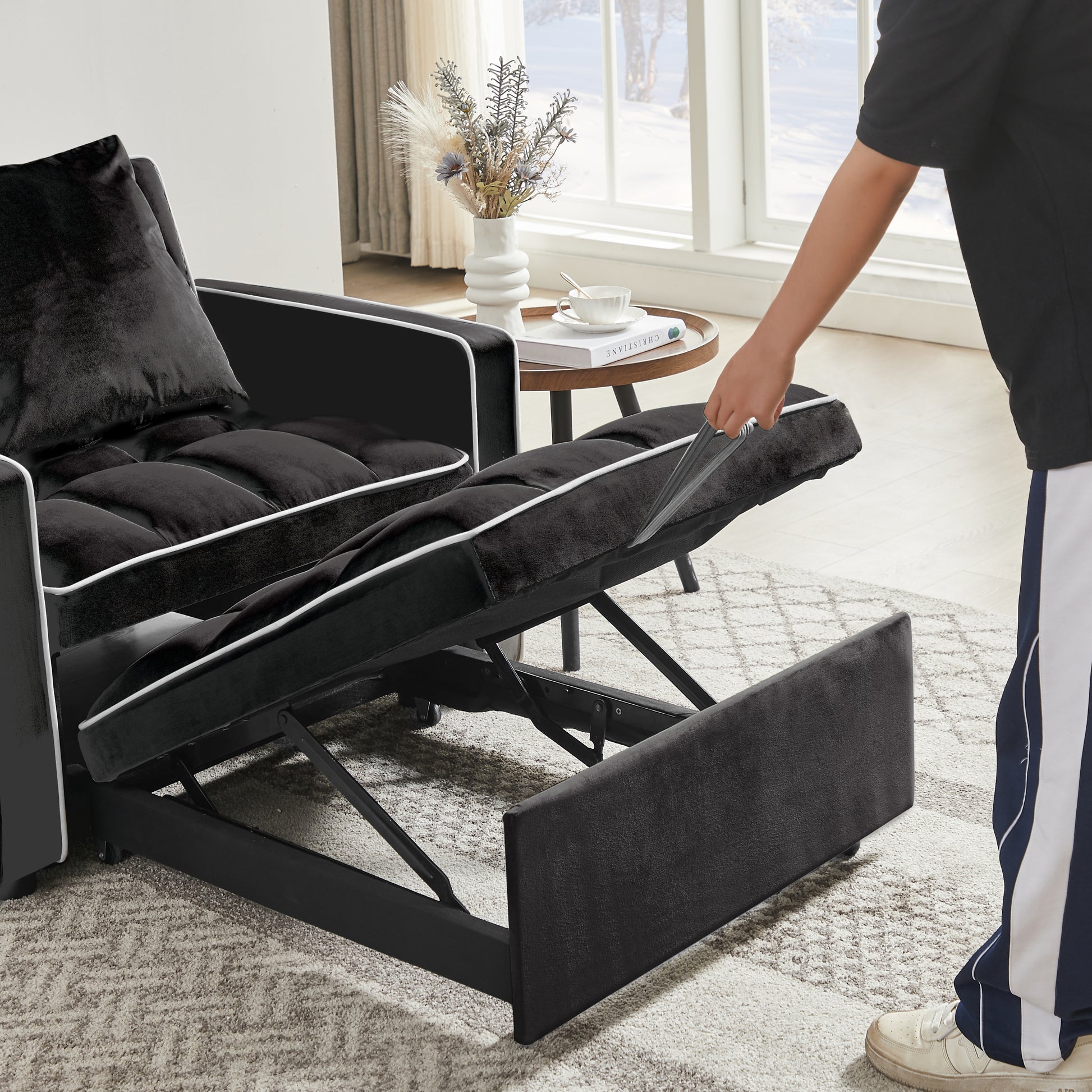 Three In One Sofa Bed Chair Folding Sofa Bed Adjustable Back Into A Sofa Recliner Single Bed Adult Modern Chair Bed Berth Black White Wood Primary Living Space Medium Duty Eucalyptus 1 Seat Black Velvet Medium Soft Tufted Back Modern Pillow Top Arms