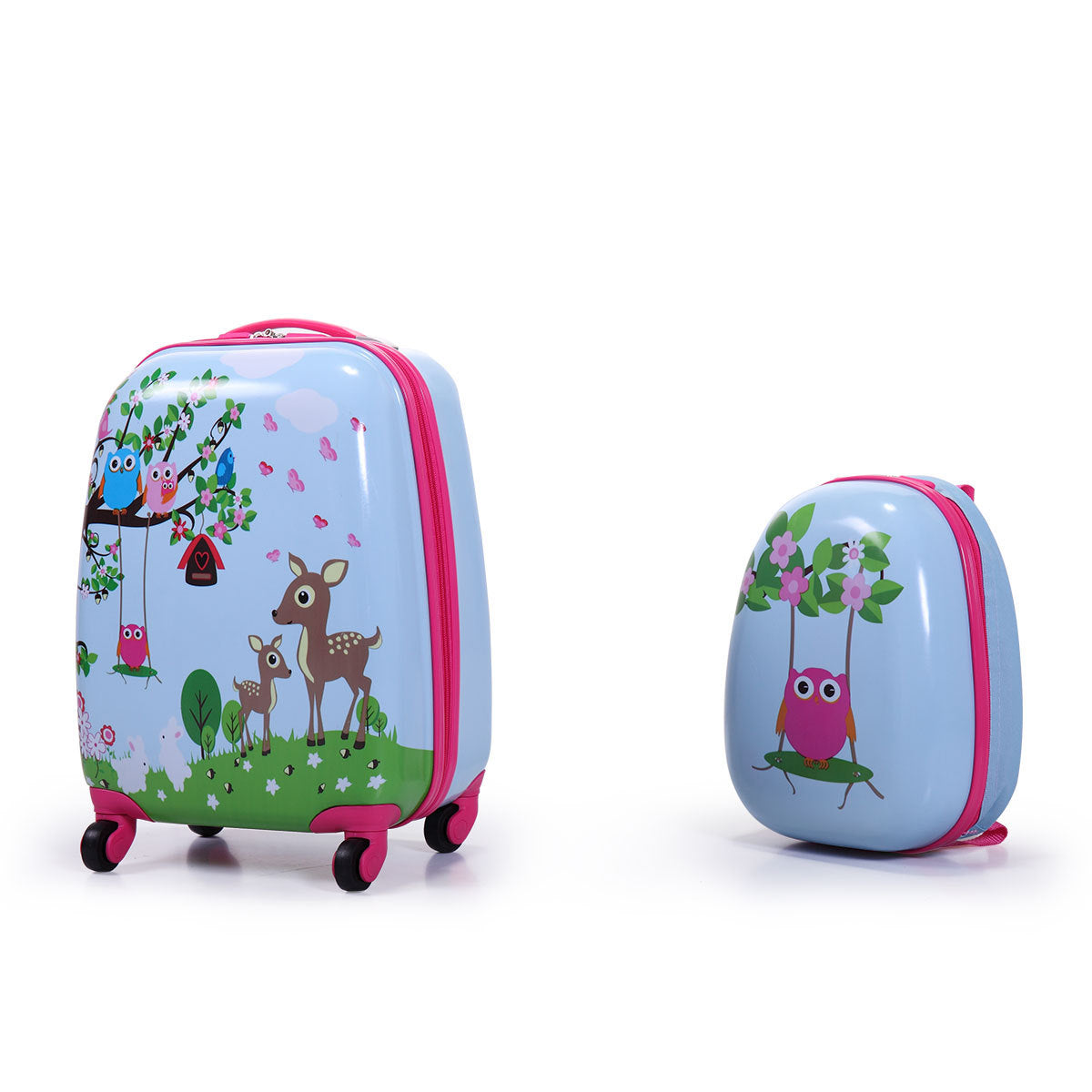 2 Pcs Kids Luggage Set, 12" Backpack And 16" Spinner Case With 4 Universal Wheels, Travel Suitcase For Boys Girls, Light Blue With Animal Patterns Pink White Abs Pc