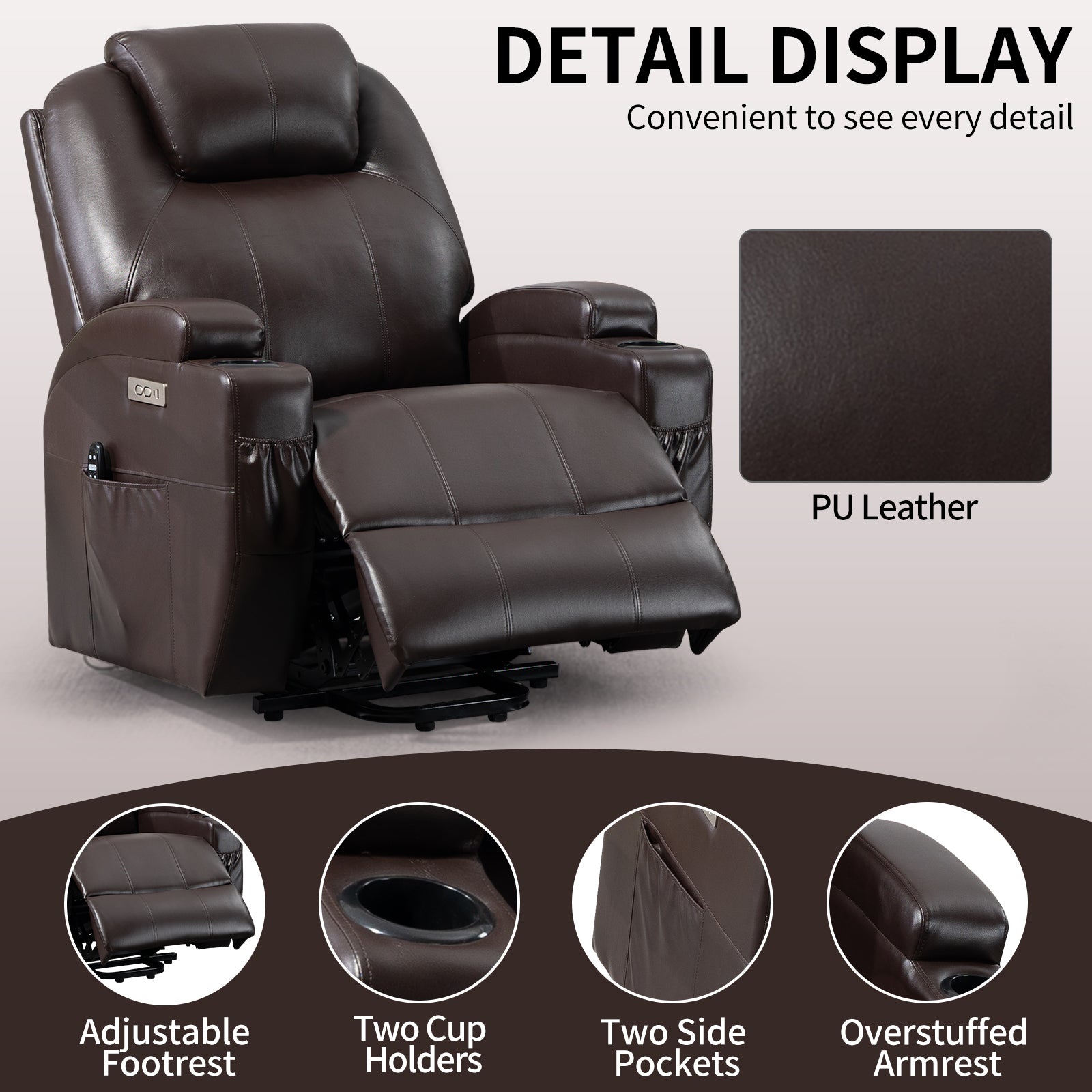 Up To 350Lbs Okin Motor Power Lift Recliner Chair For Elderly, Heavy Duty Motion Mechanism With 8 Point Vibration Massage And Lumbar Heating, Two Cup Holders And Usb Charge Port, Brown White Metal Primary Living Space Heavy Duty Pine Brown Faux Leather