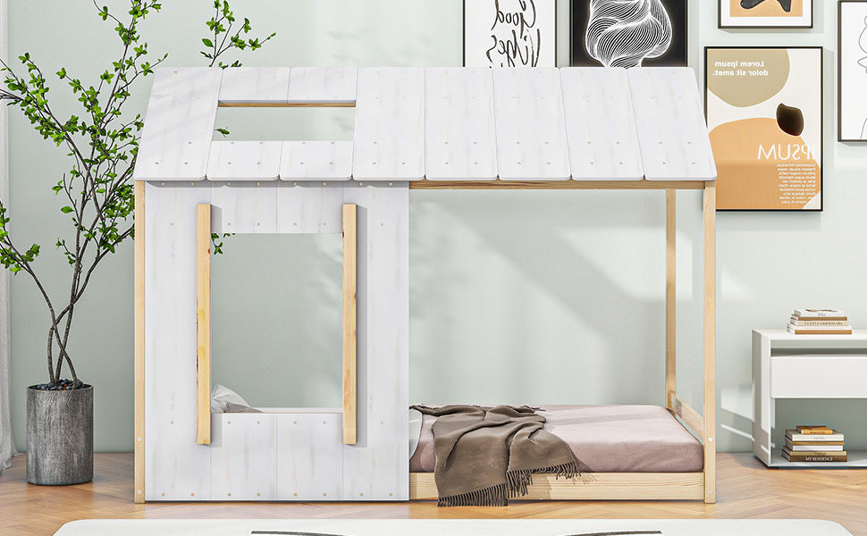 Twin Size House Platform With Roof And Windowwhite Natural Box Spring Not Required Twin Natural White Wood Bedroom Pine