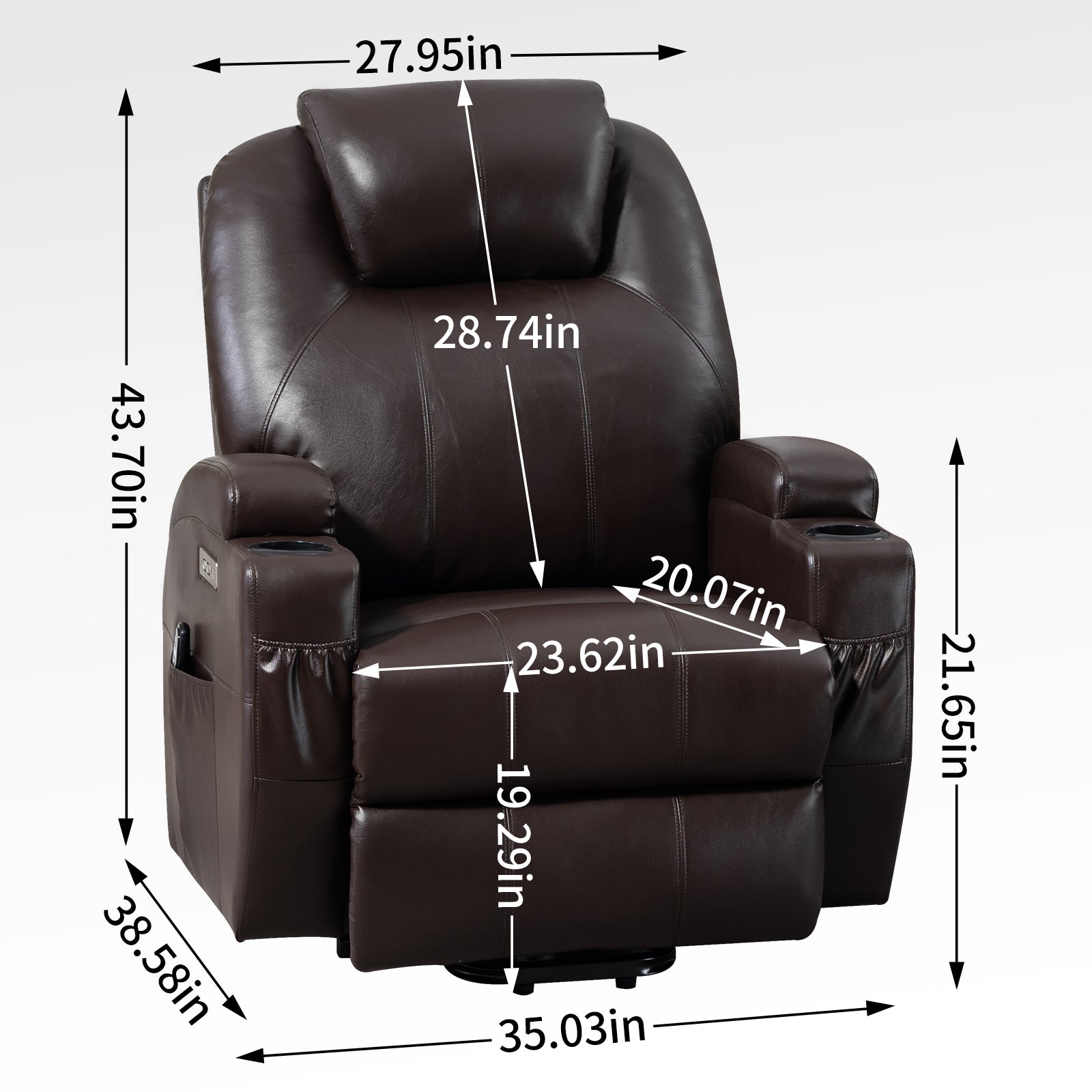 Up To 350Lbs Okin Motor Power Lift Recliner Chair For Elderly, Heavy Duty Motion Mechanism With 8 Point Vibration Massage And Lumbar Heating, Two Cup Holders And Usb Charge Port, Brown White Metal Primary Living Space Heavy Duty Pine Brown Faux Leather