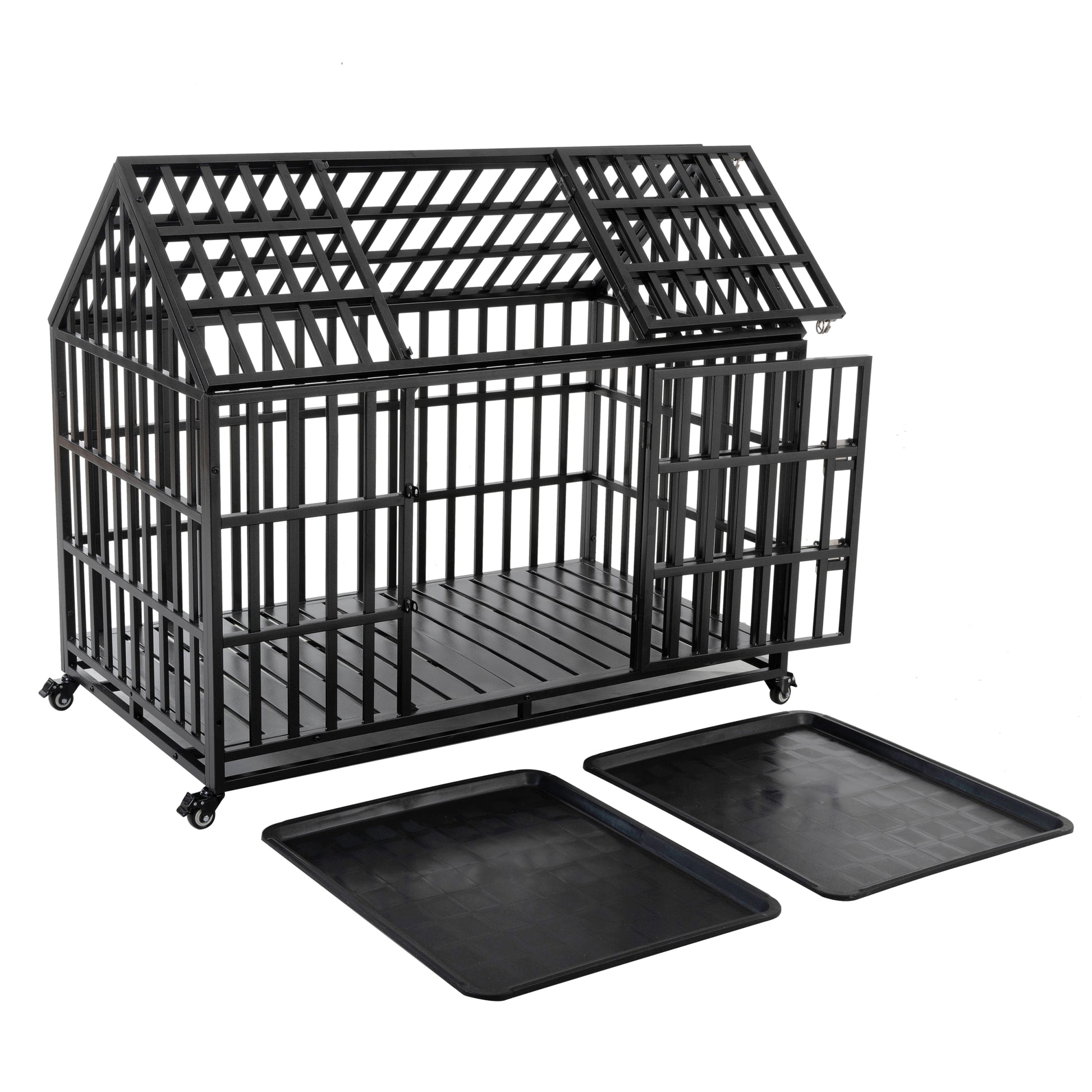 52" Heavy Duty Dog Crate Large Dog Cage Strong Metal Dog Kennels And Crates For Large Dogs With 4 Lockable Wheels Black Carbon Steel