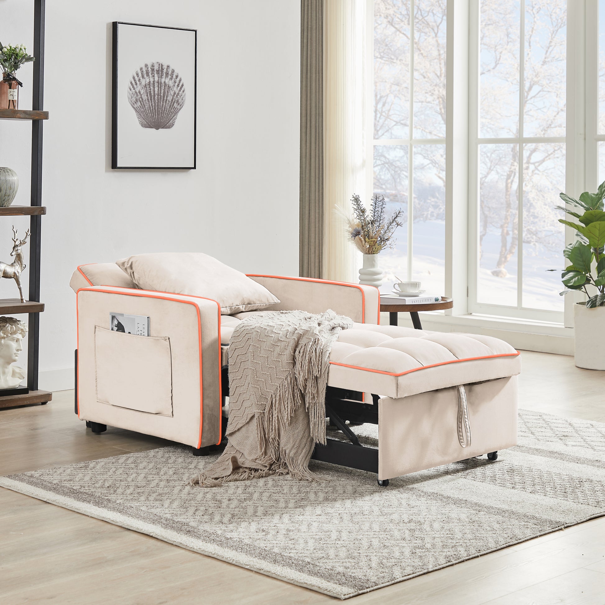 Three In One Sofa Bed Chair Folding Sofa Bed Adjustable Back Into A Sofa Recliner Single Bed Adult Modern Chair Bed Berth Creamy White White Wood Primary Living Space Medium Duty Eucalyptus 1 Seat Creamy White Velvet Medium Soft Tufted Back Modern Pillow