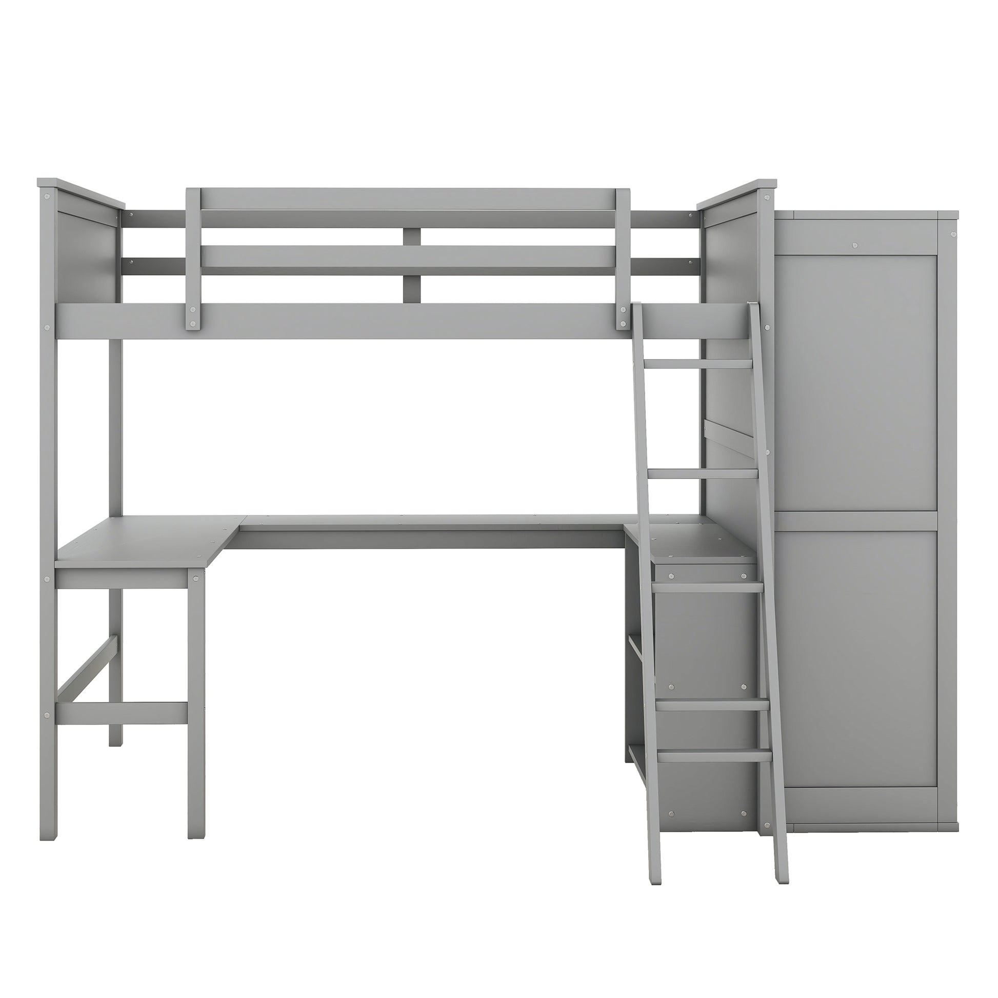 Full Size Loft Bed With Desk, Shelves And Wardrobe Gray Gray Solid Wood