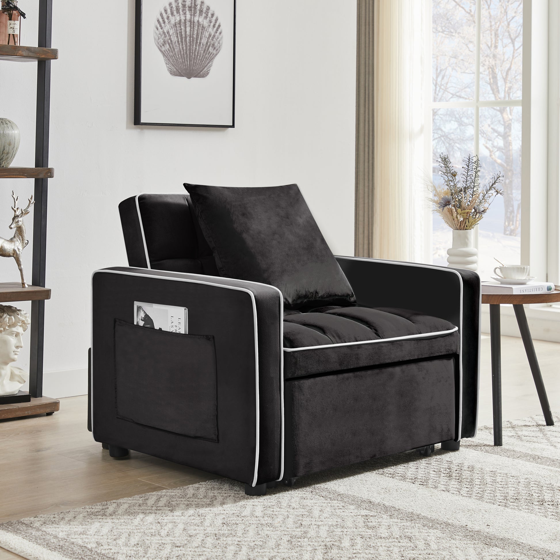 Three In One Sofa Bed Chair Folding Sofa Bed Adjustable Back Into A Sofa Recliner Single Bed Adult Modern Chair Bed Berth Black White Wood Primary Living Space Medium Duty Eucalyptus 1 Seat Black Velvet Medium Soft Tufted Back Modern Pillow Top Arms