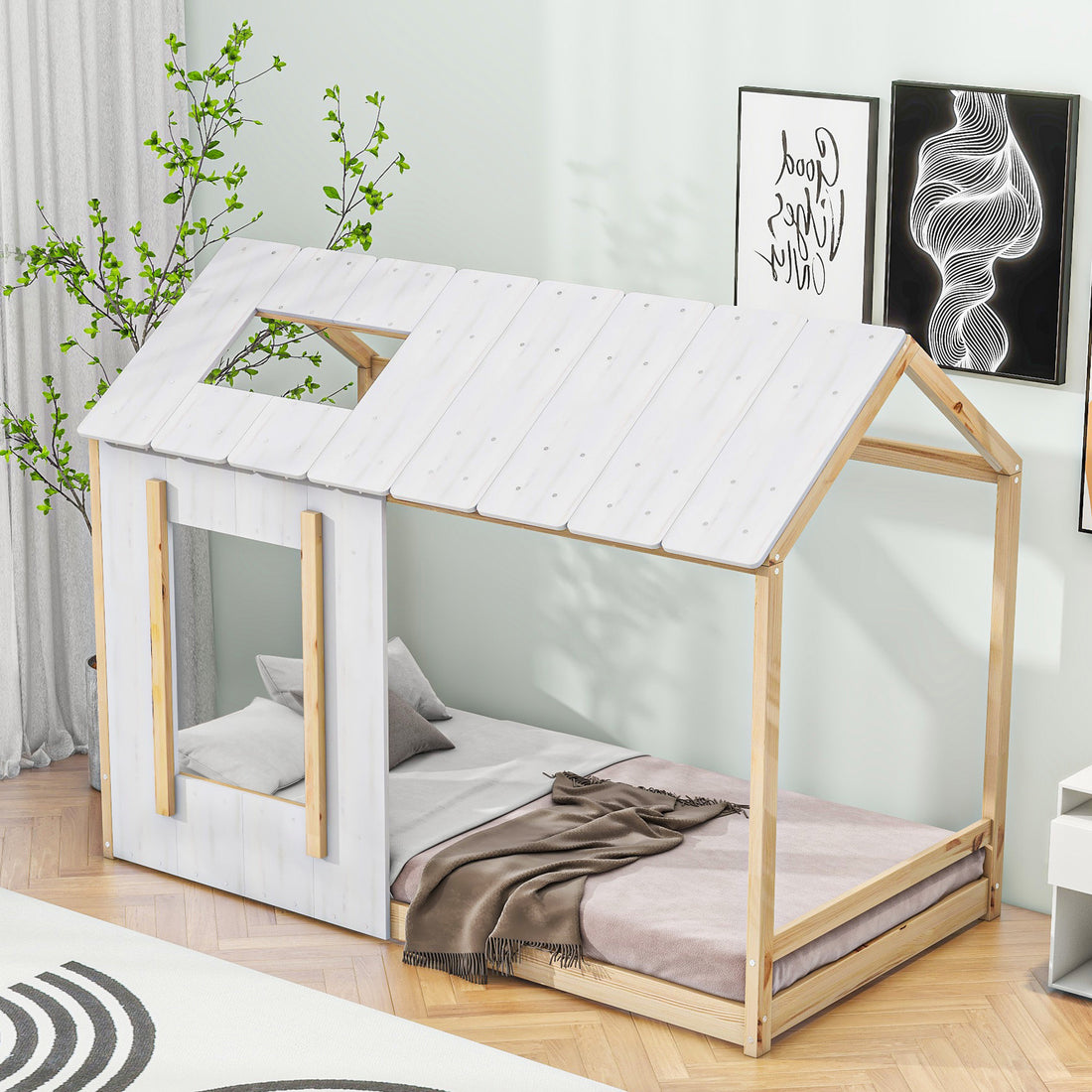 Twin Size House Platform With Roof And Windowwhite Natural Box Spring Not Required Twin Natural White Wood Bedroom Pine