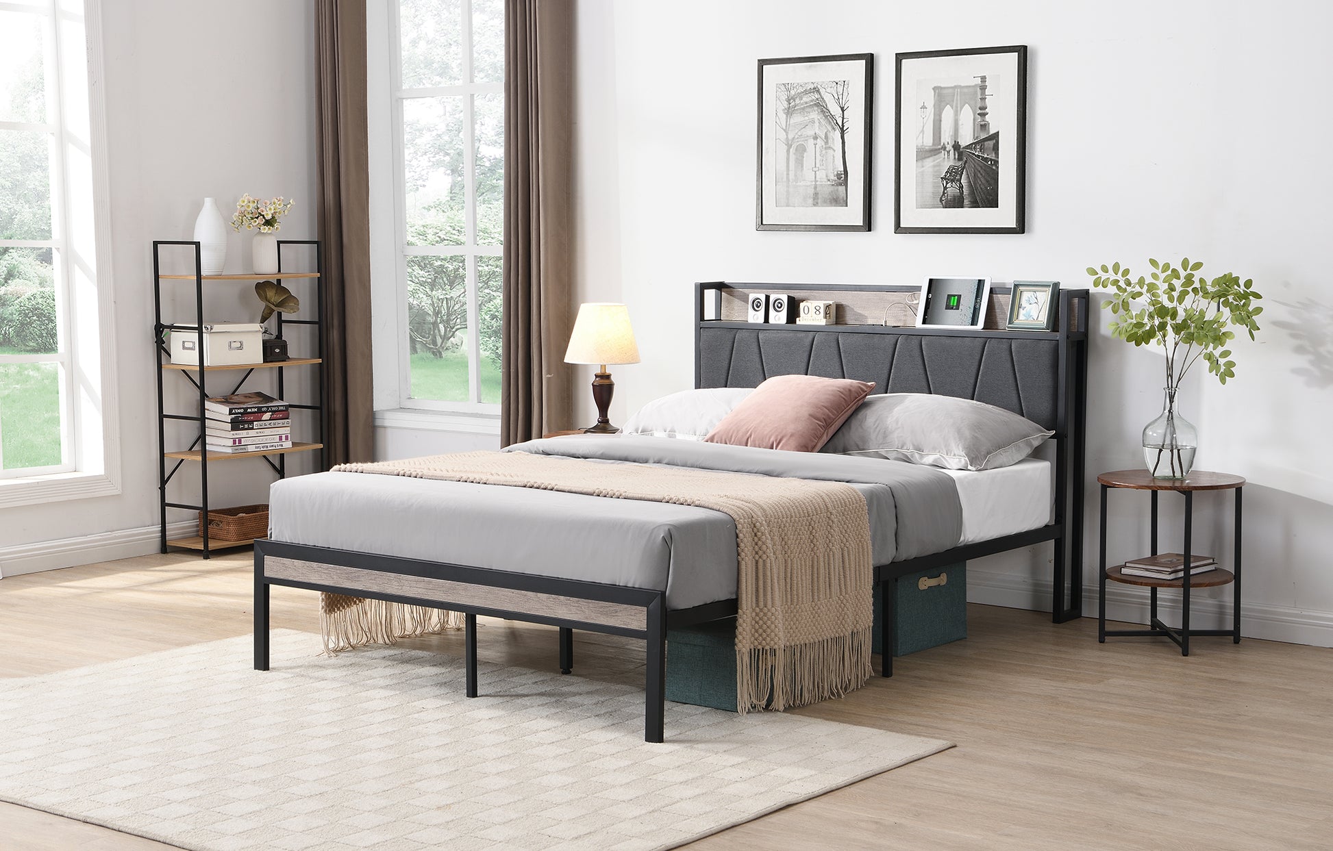 Queen Size Metal Platform Bed Frame With Upholstery Storage Function Headboardand Usb Liner And Footboardno Box Spring Needed, Large Under Bed Storage, Easy Assemble Beige Black Grey Mdf Metal