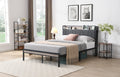 Full Size Metal Platform Bed Frame With Upholstery Storage Function Headboardand Usb Liner And Footboardno Box Spring Needed, Large Under Bed Storage, Easy Assemble Beige Black Metal & Wood