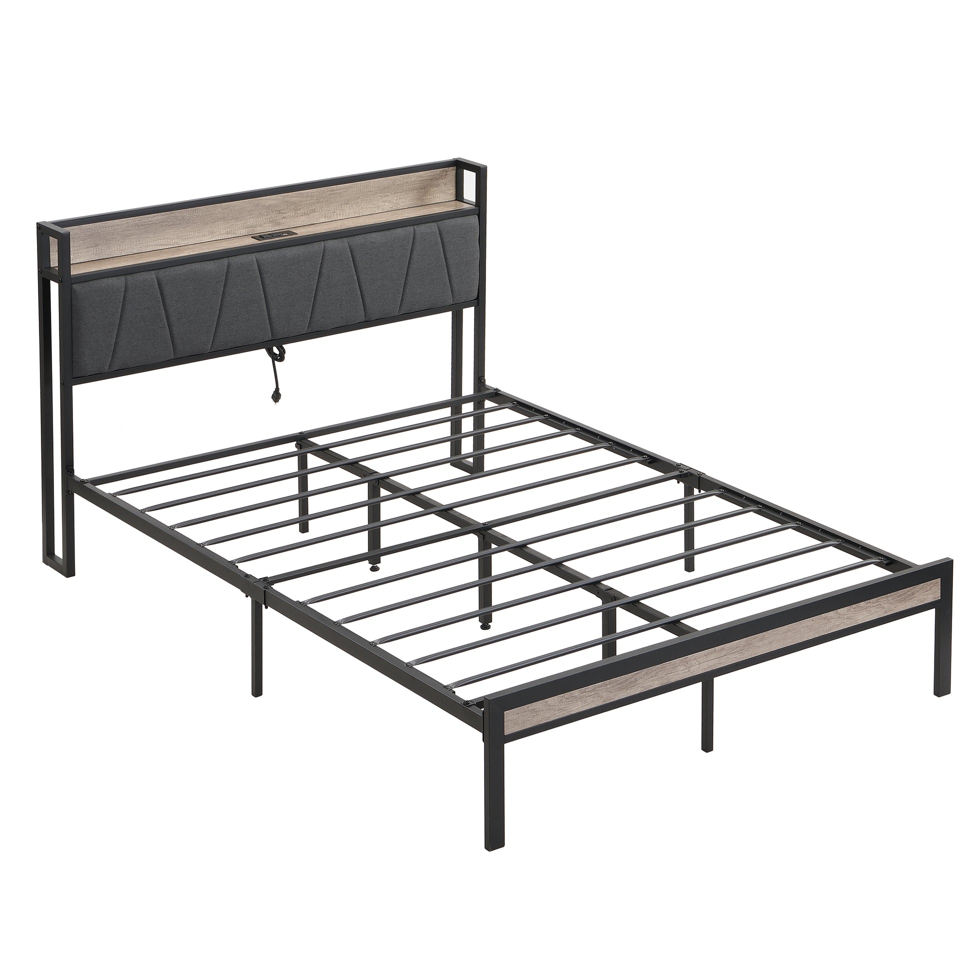 Queen Size Metal Platform Bed Frame With Upholstery Storage Function Headboardand Usb Liner And Footboardno Box Spring Needed, Large Under Bed Storage, Easy Assemble Beige Black Grey Mdf Metal