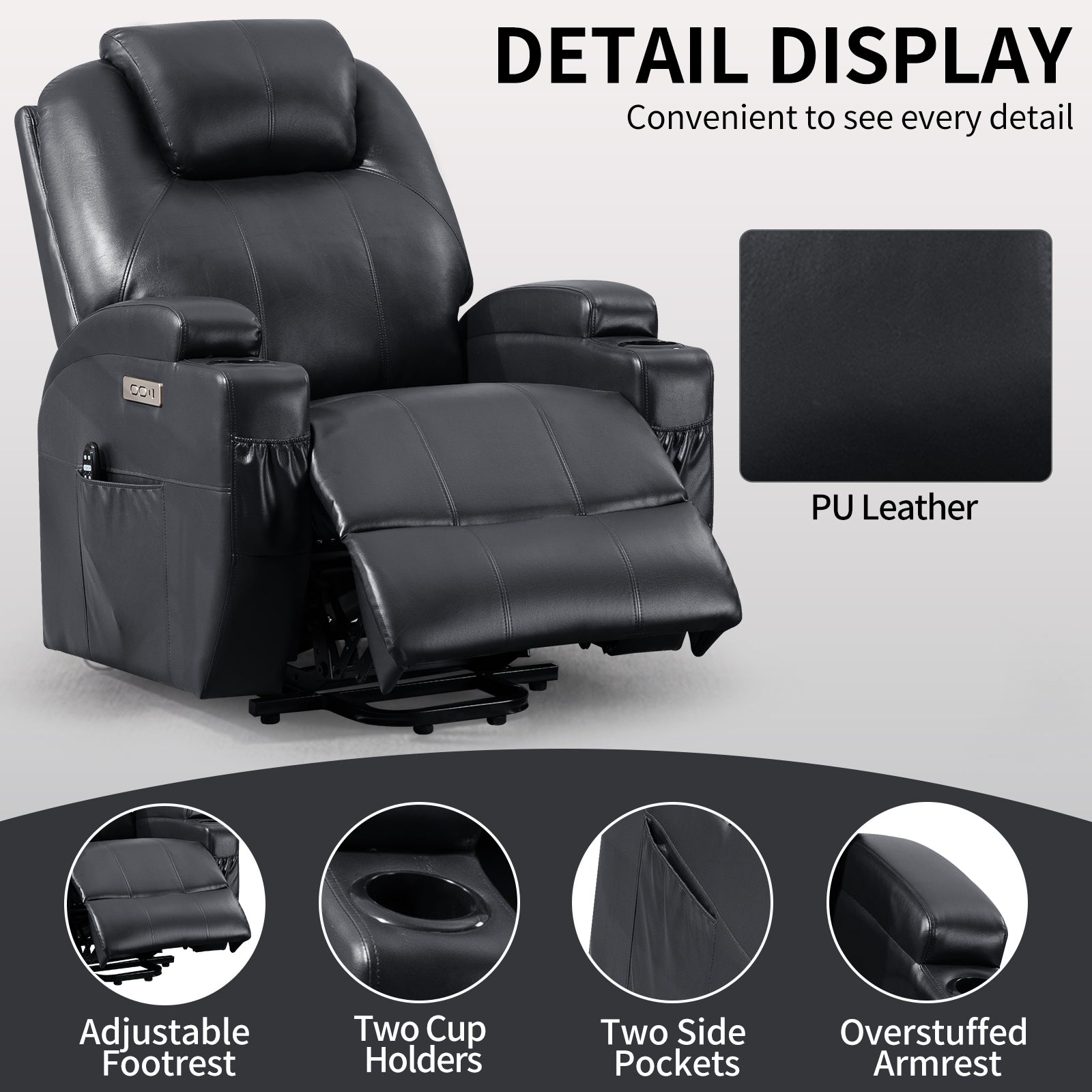 Up To 350Lbs Okin Motor Power Lift Recliner Chair For Elderly, Heavy Duty Motion Mechanism With 8 Point Vibration Massage And Lumbar Heating, Two Cup Holders And Usb Charge Port, Black White Metal Primary Living Space Heavy Duty Pine Black Faux Leather