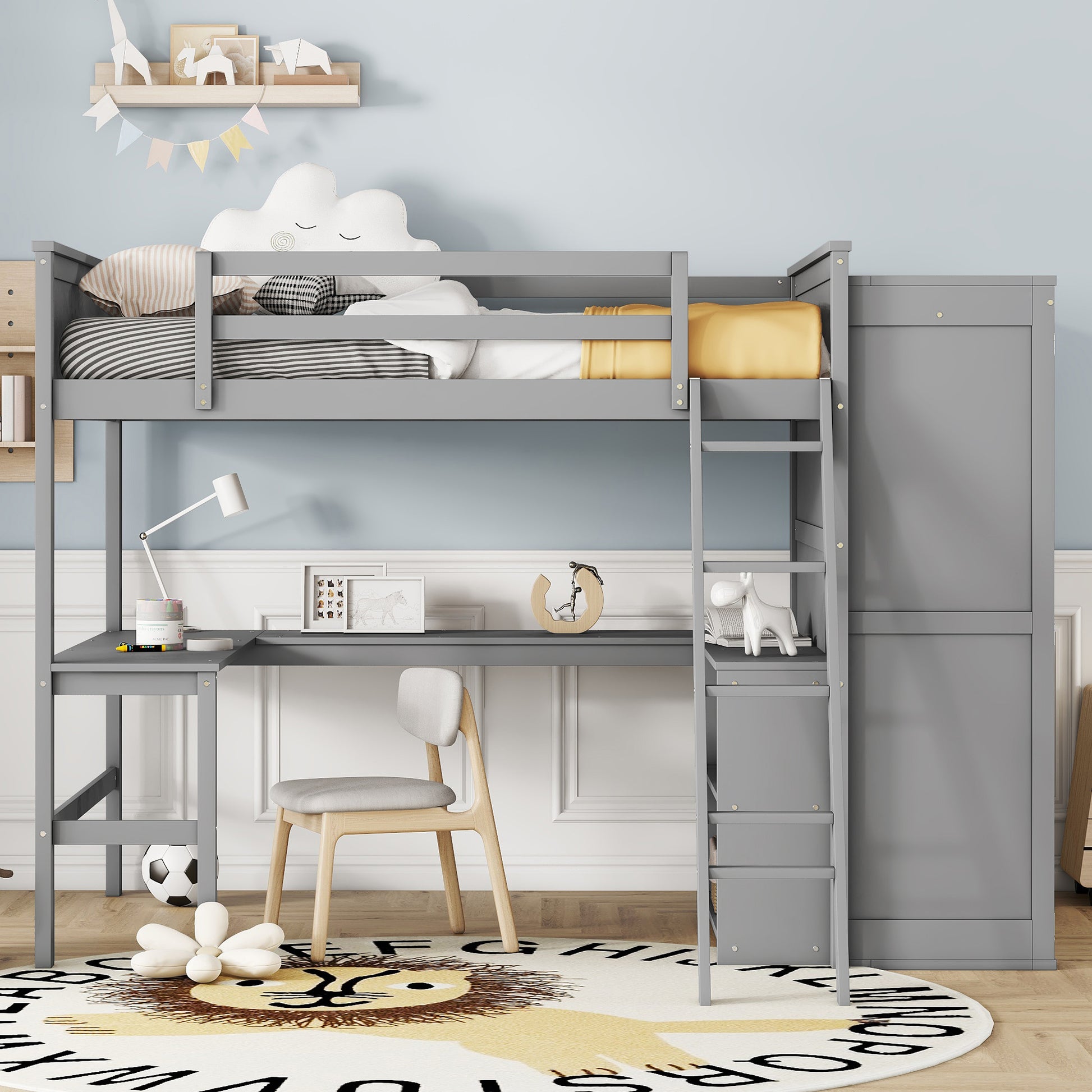 Full Size Loft Bed With Desk, Shelves And Wardrobe Gray Gray Solid Wood