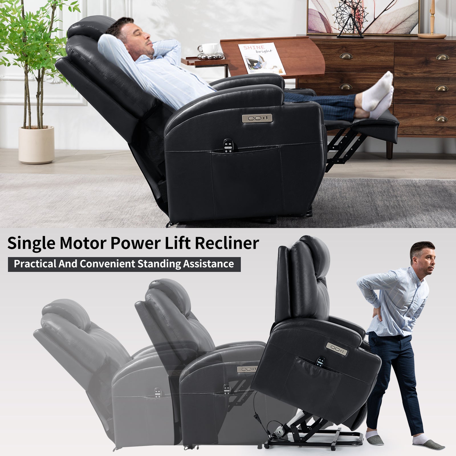 Up To 350Lbs Okin Motor Power Lift Recliner Chair For Elderly, Heavy Duty Motion Mechanism With 8 Point Vibration Massage And Lumbar Heating, Two Cup Holders And Usb Charge Port, Black White Metal Primary Living Space Heavy Duty Pine Black Faux Leather