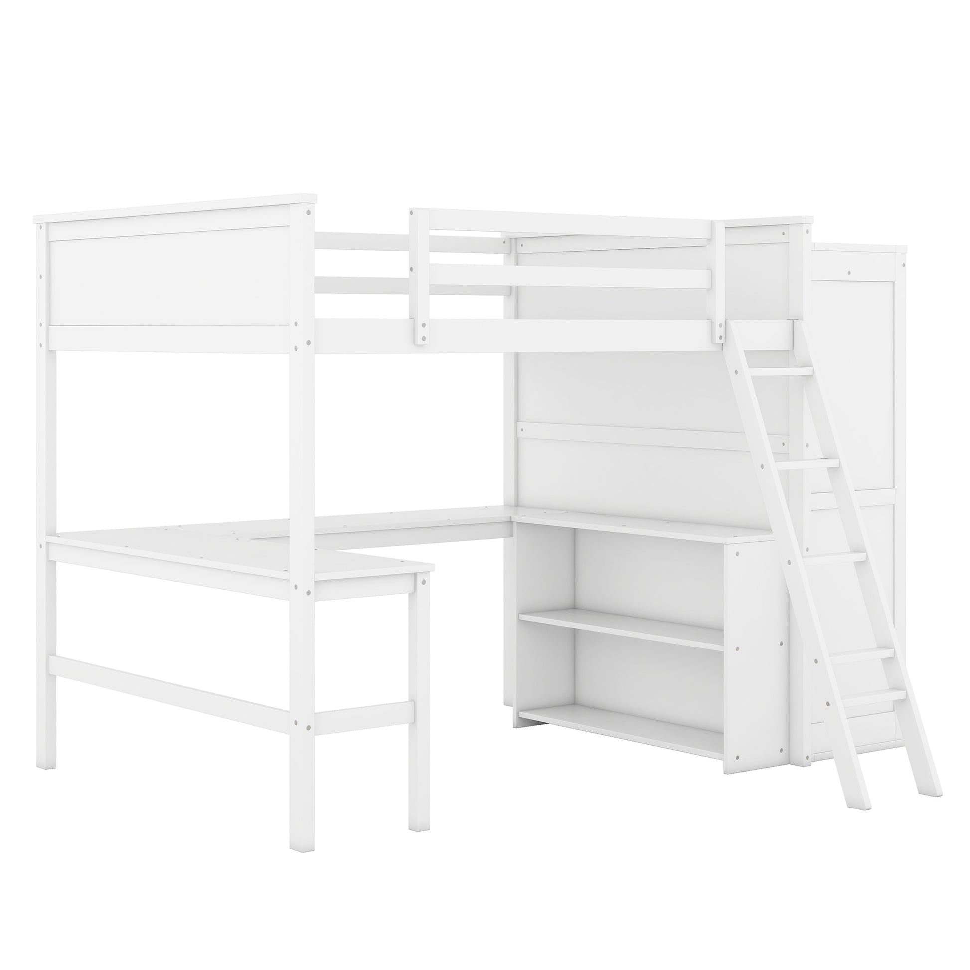 Full Size Loft Bed With Desk, Shelves And Wardrobe White White Solid Wood