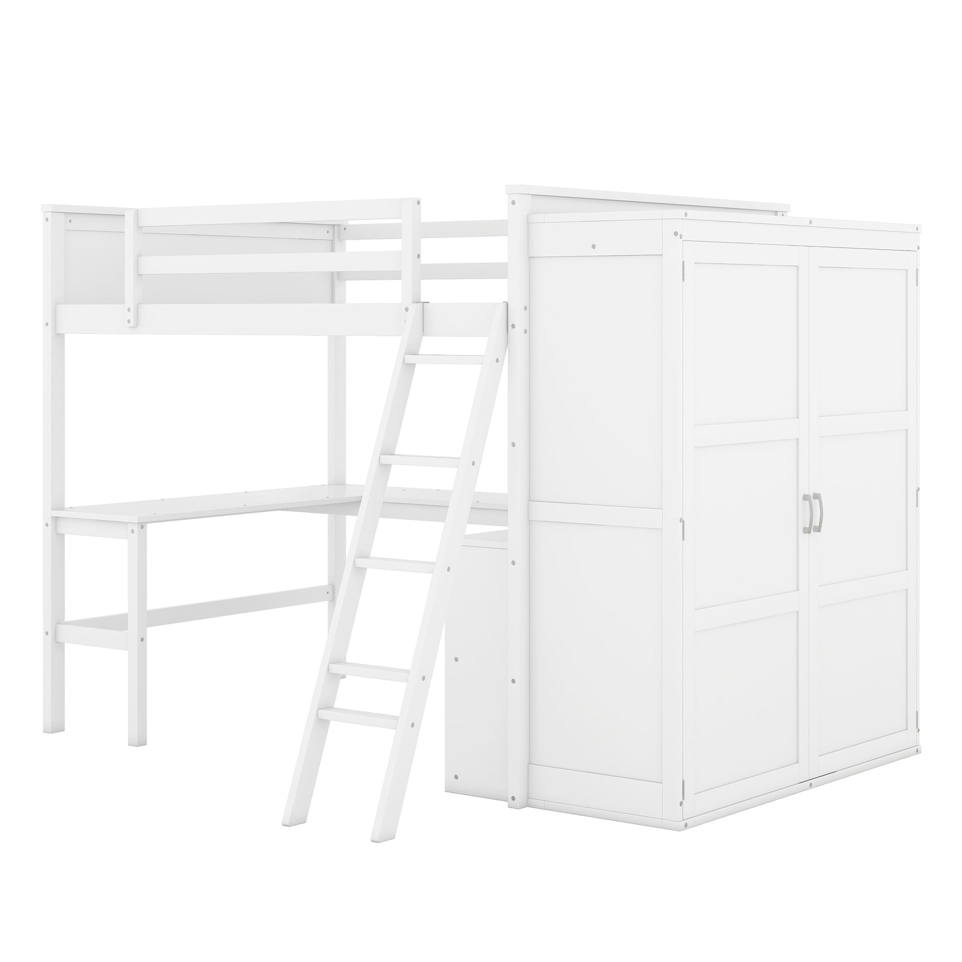 Full Size Loft Bed With Desk, Shelves And Wardrobe White White Solid Wood