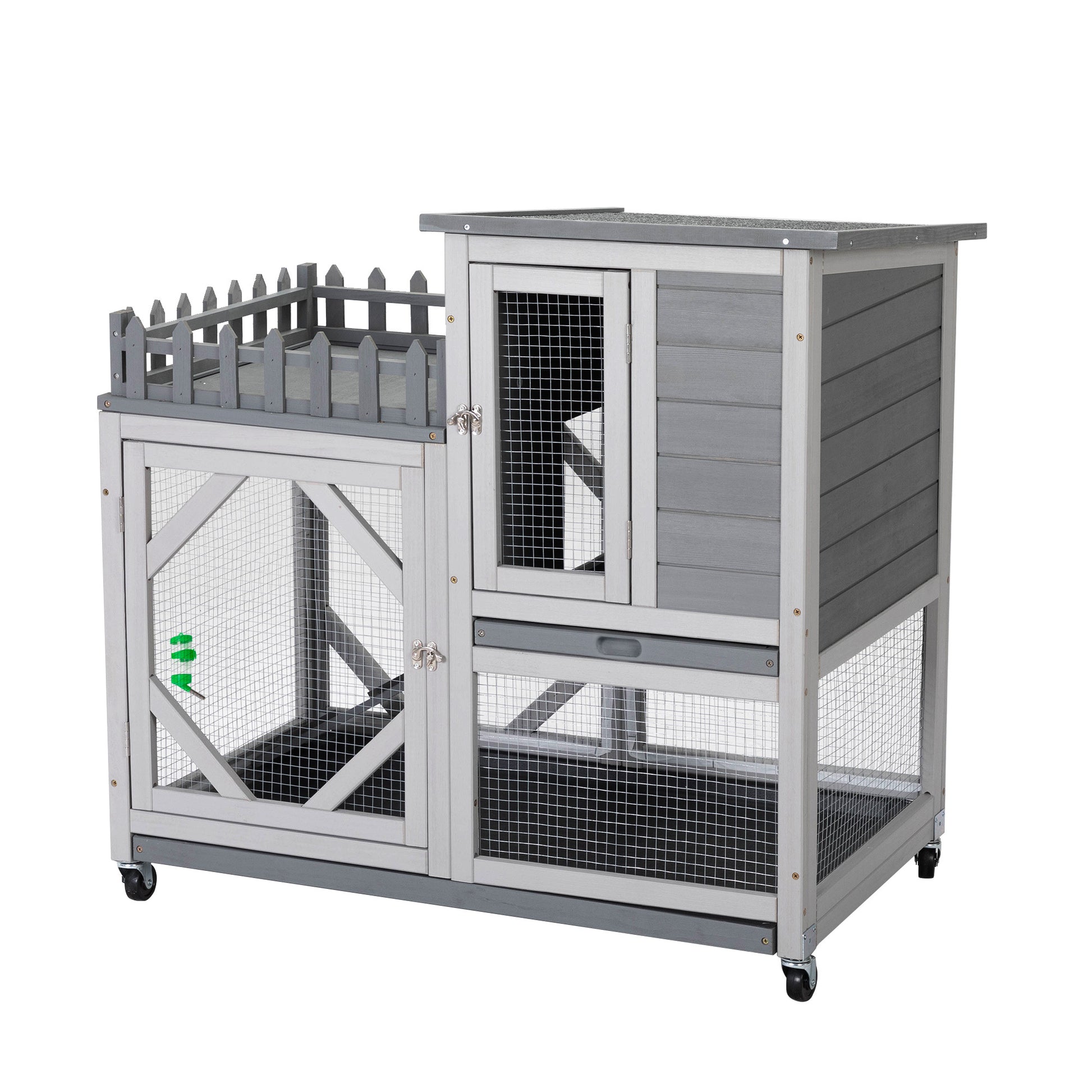 Large Rabbit Hutch, Wooden Bunny Cage With Casters, Fence, Trays, Water Bottle, Indoor And Outdoor Animal House For Rest And Run, Easy Clean, Gray Gray Pine