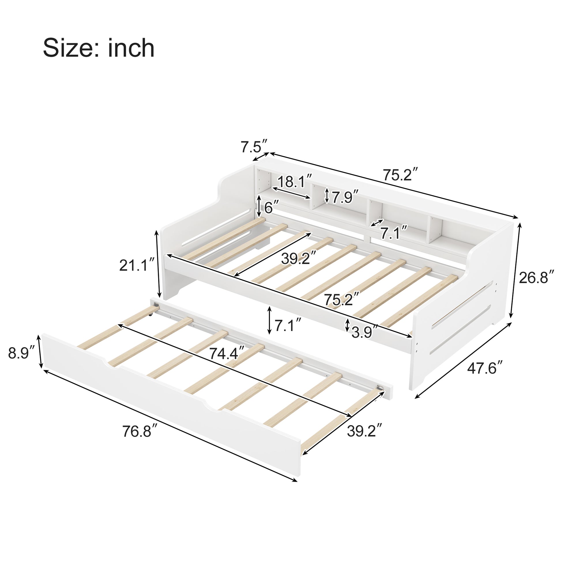 Twin Size Wooden Day Bed With Trundle For Guest Room, Small Bedroom, Study Room, White Box Spring Not Required Twin White Wood White Pine Daybeds Solid Wood Mdf