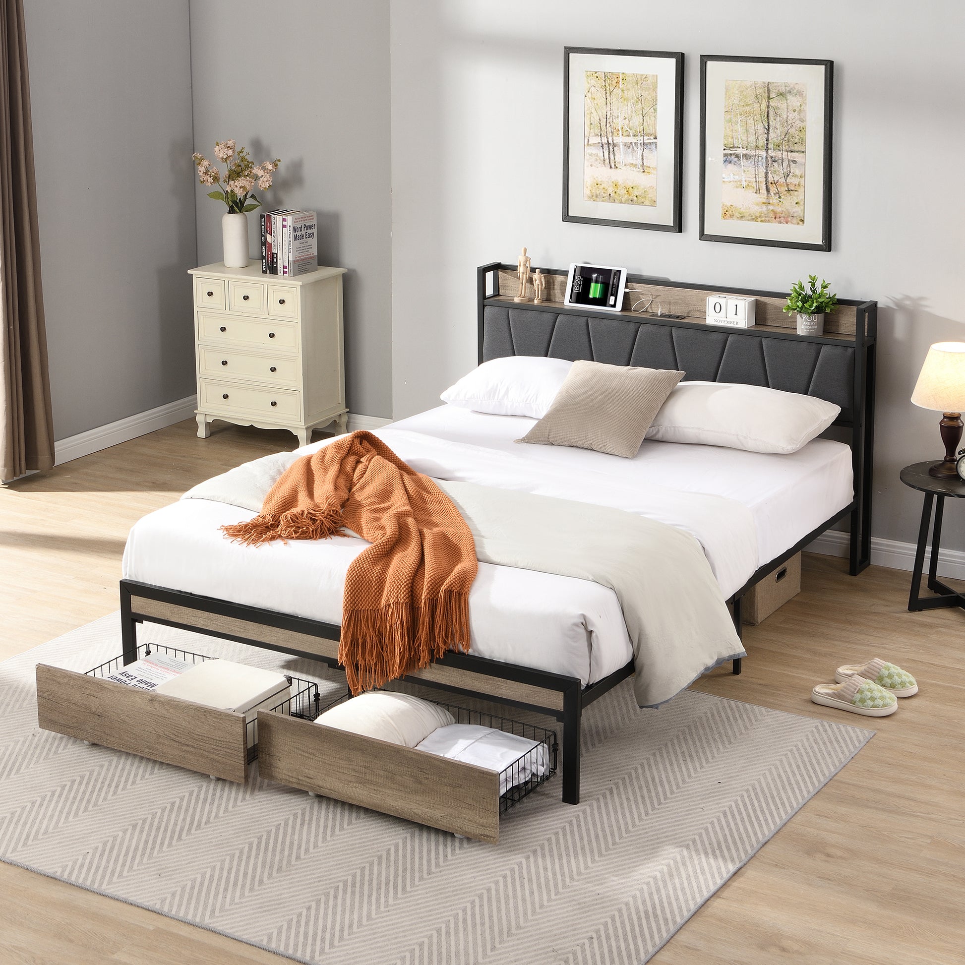 Queen Size Metal Platform Bed Frame With Upholstery Storage Function Headboardand Usb Liner And Footboard With Drawersno Box Spring Needed, Large Under Bed Storage, Easy Assemble Black Gray Mdf Metal